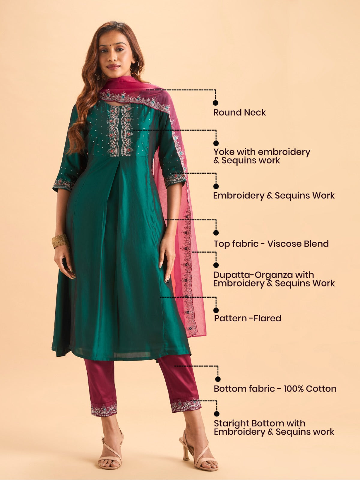 Teal Green Viscose Blend Kurti Set With Dupatta & Sequins Embroidery