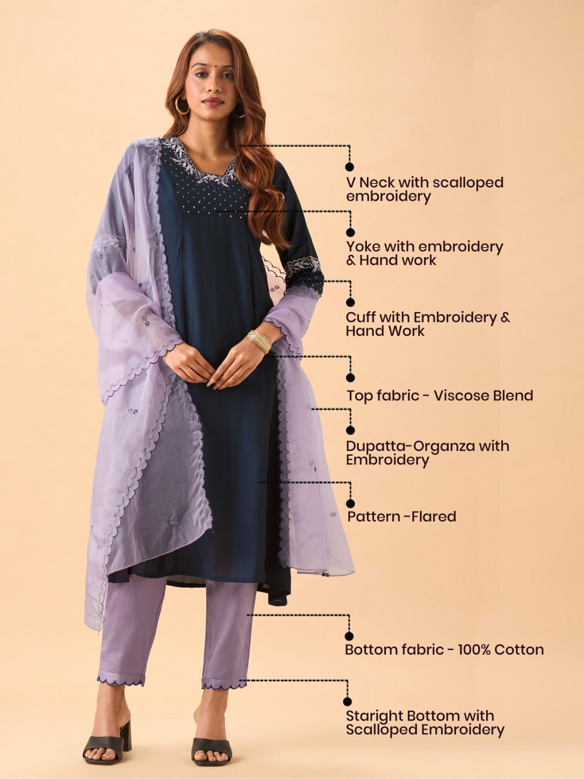 Navy Blue Viscose Blend Kurti Set With Dupatta & Sequins Embroidery