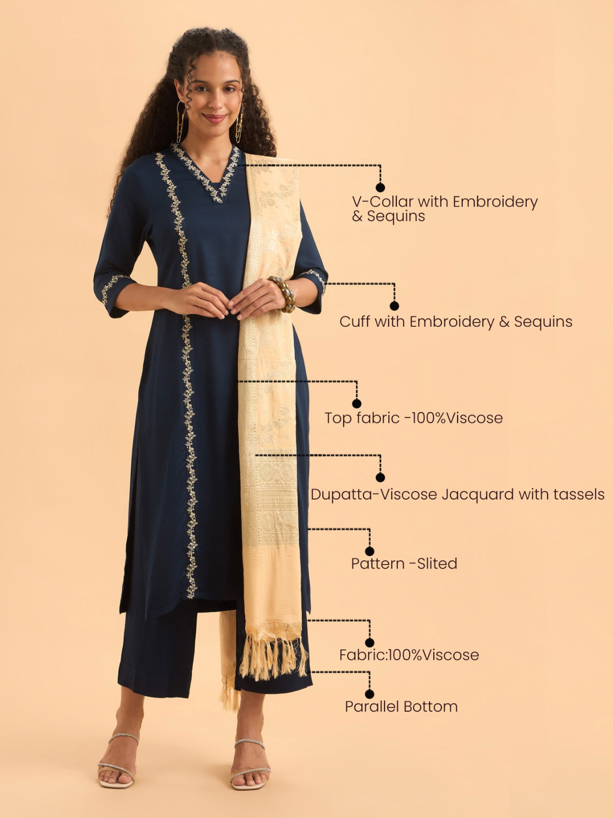 Royal Blue Viscose Kurti Set With Dupatta And Handwork Embroidery