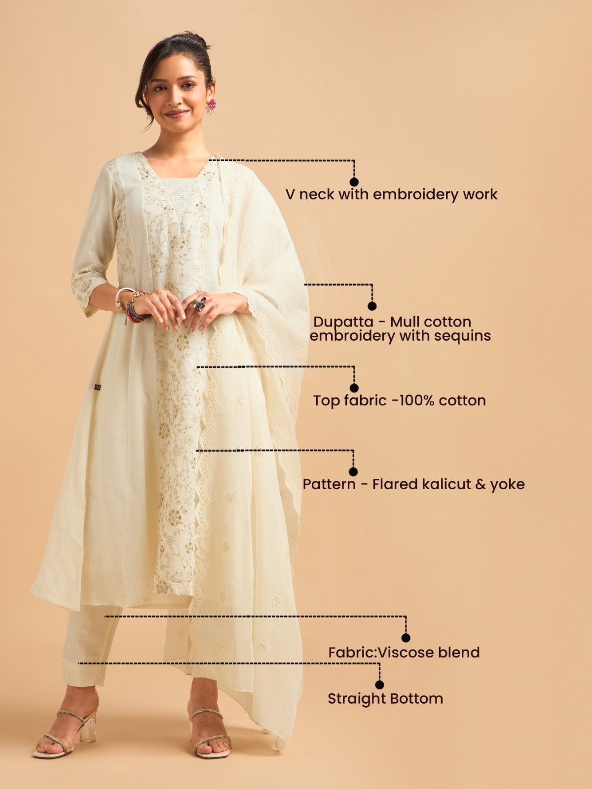 Ivory Gold Pure Cotton Plain Flared Kali Cut Kurti Set With Sequins Embroidery And Dupatta