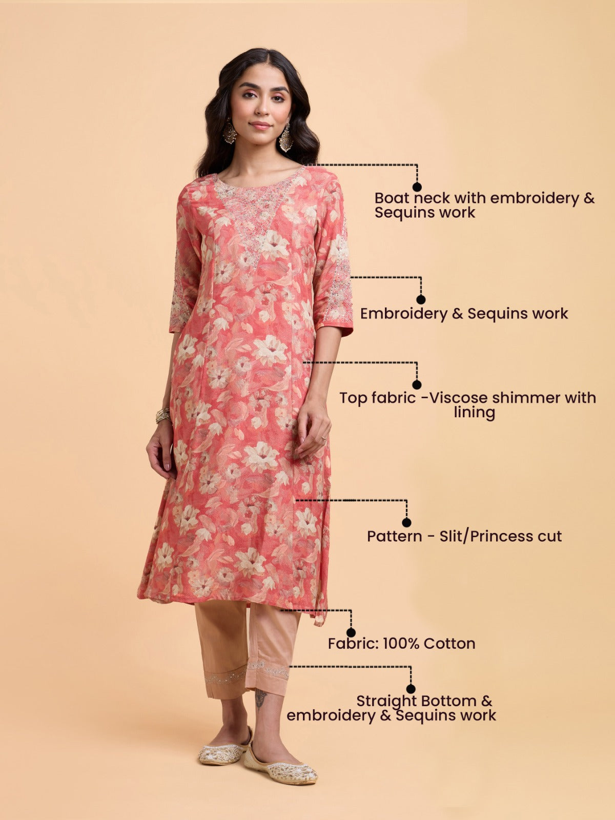 Peach Multicolour Viscose Shimmer Printed Flared Kurti Set With Embroidery And Sequins Work