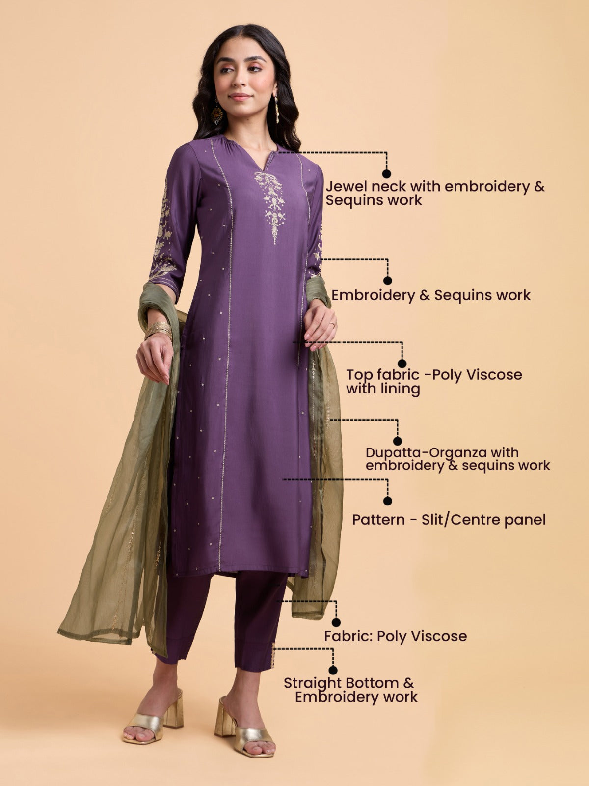Dusty Purple Colour Poly Viscose Plain Slitted Kurti Set With Embroidery And Sequins Work