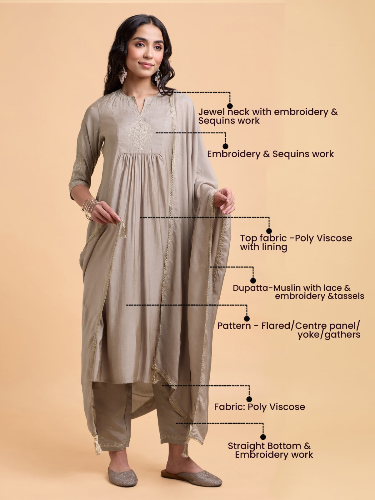 Mocha Colour Poly Viscose Plain Flared Kurti Set With Embroidery And Sequins Work
