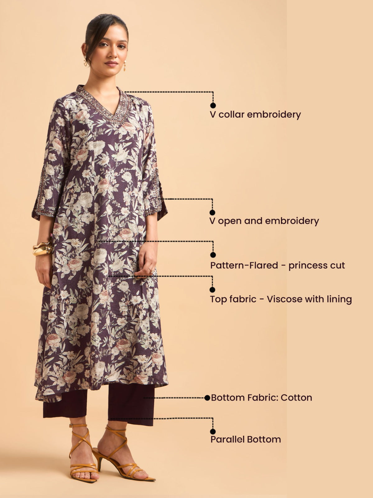 Wine Multi Viscose Shimmer Printed Kurti Set With Sequins Embroidery