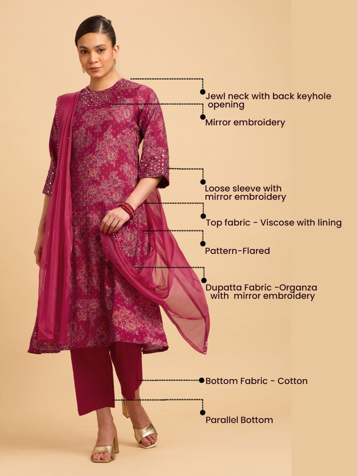 Magenta Multi Colour Modal Chanderi Printed Kurta Set With Mirror Work Embroidery And Dupatta