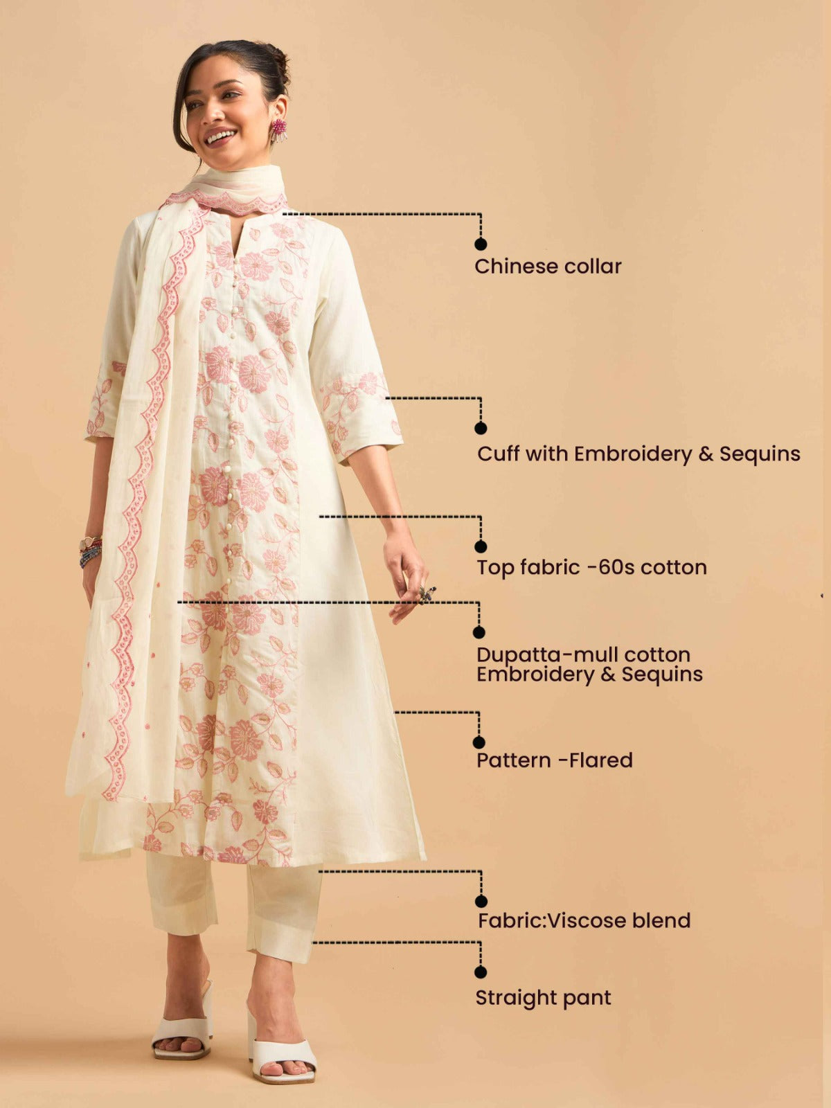 Ivory Pink Pure Cotton Plain Flared Kurti Set With Sequins Embroidery And Dupatta