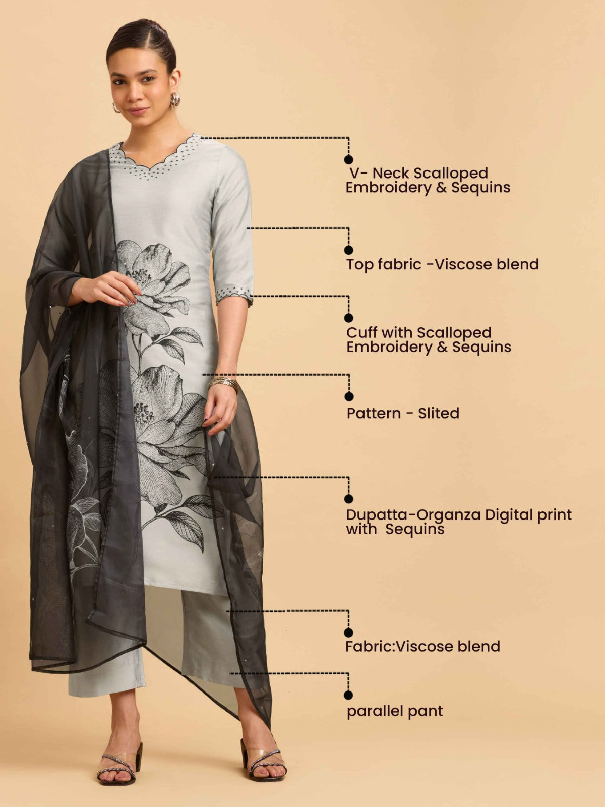 Light Grey Plain Slitted Kurti Set With Placement Print & Embroidery Sequins Work.Styled With Printed Dupatta