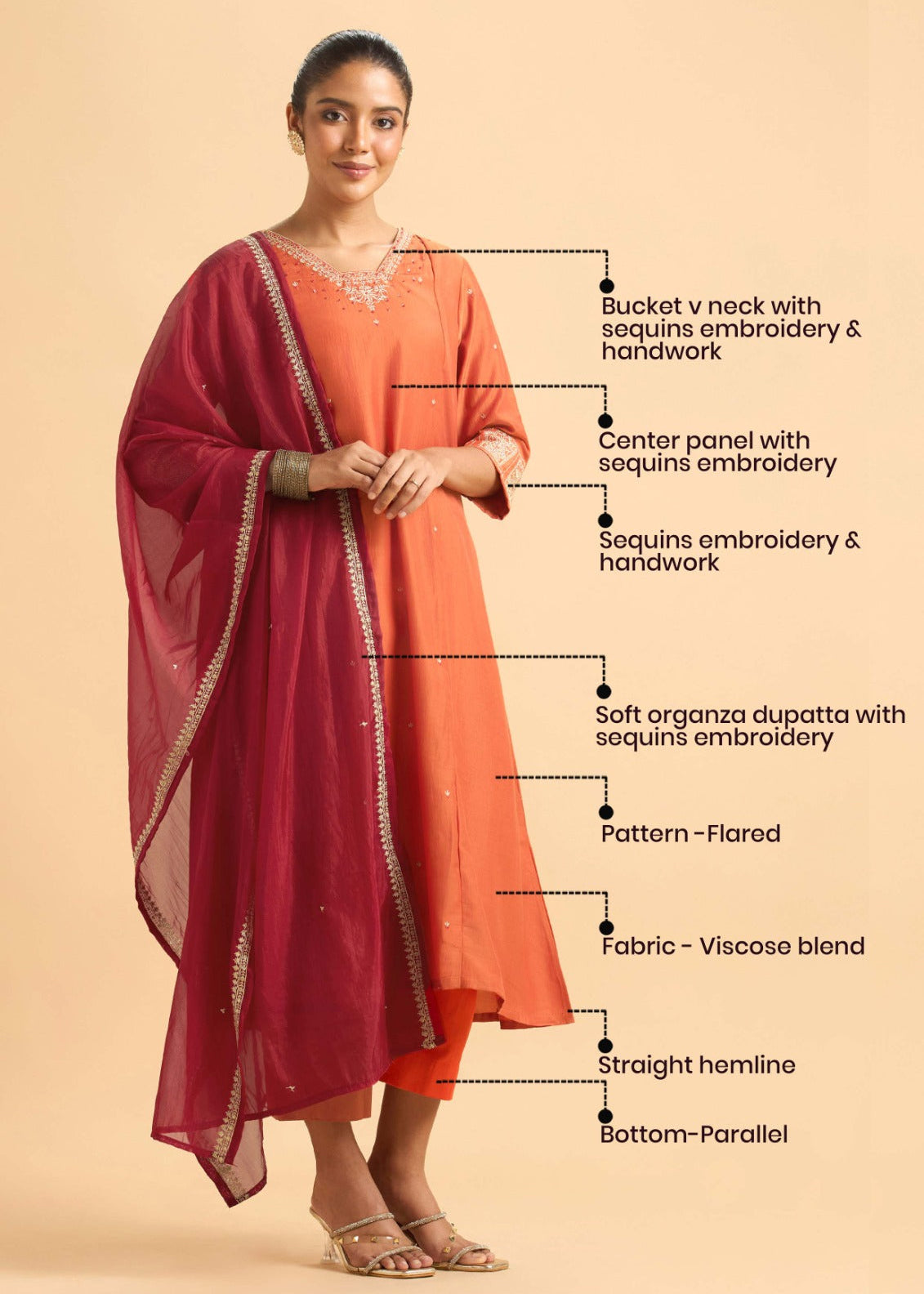 Orange Poly Viscose Plain Kurti Set With Sequins And Sugar Bead Embroidery With Contrast Dupatta