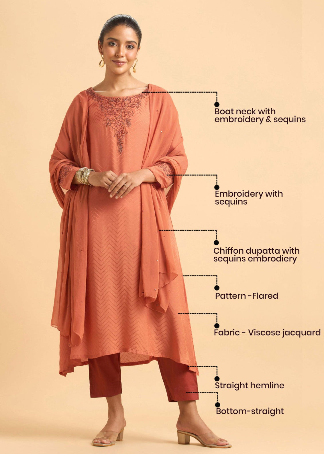 Orange Viscose Jacquard Plain Kurti Set With Cut Bead Embroidery And Dupatta