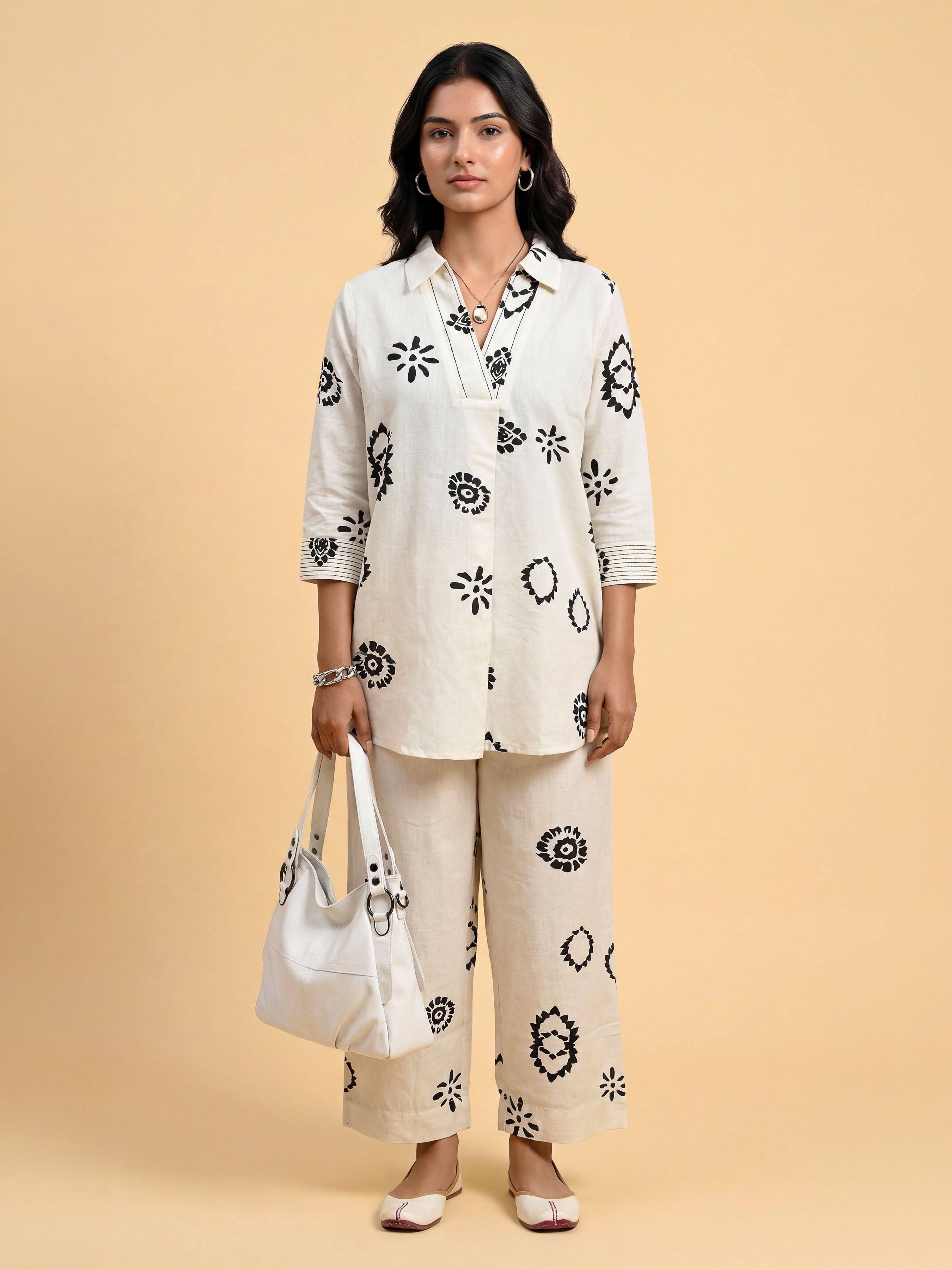 Ivory Black Cotton Flax Printed Tunic Set With Knife Pleat And Embroidery