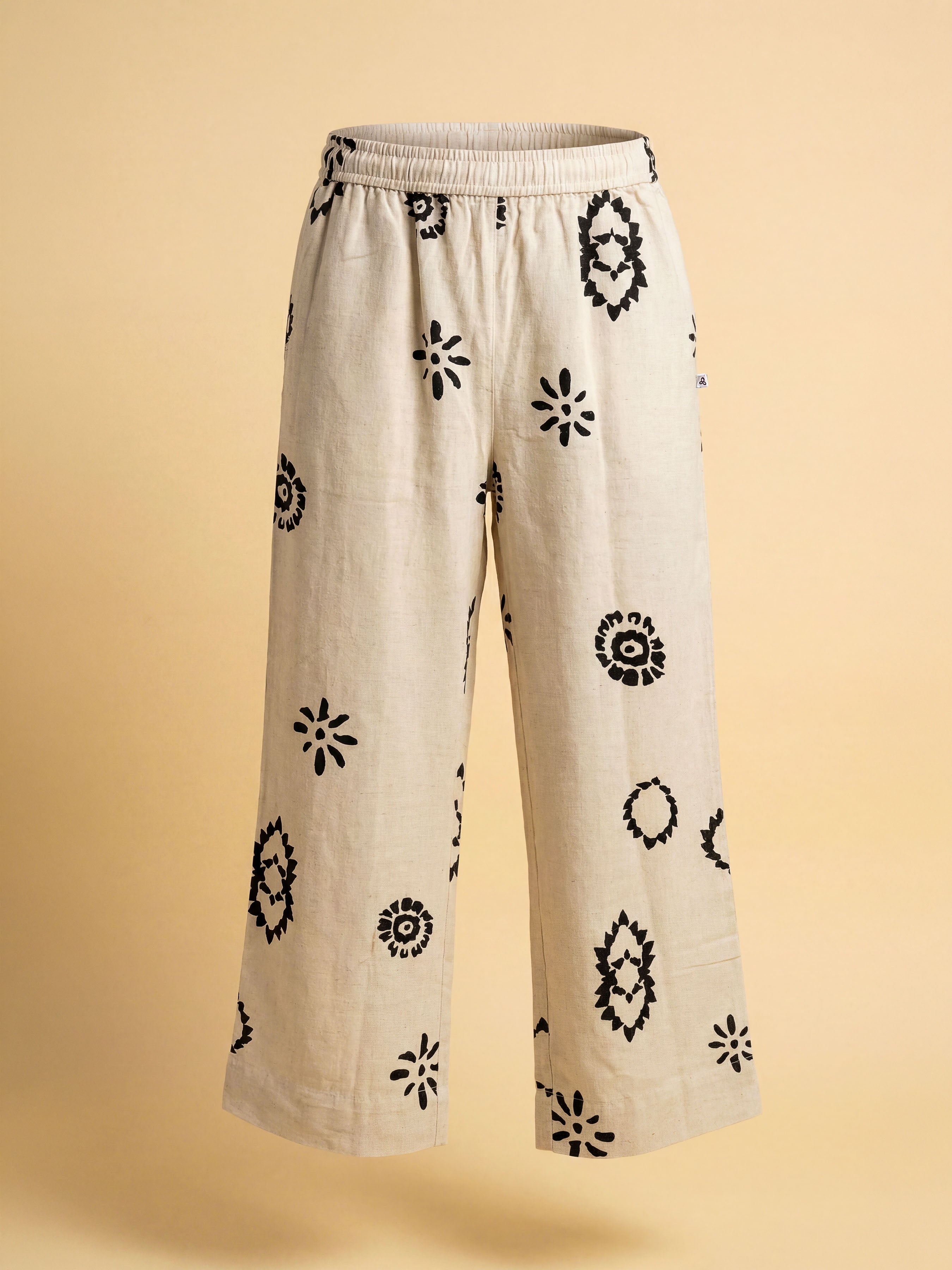 Ivory Black Cotton Flax Printed Tunic Set With Knife Pleat And Embroidery