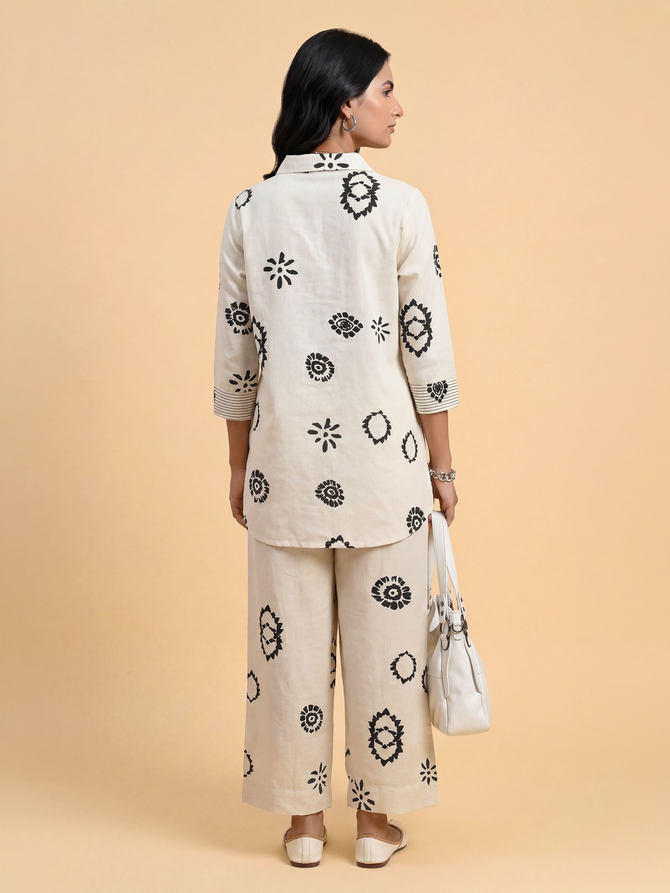 Ivory Black Cotton Flax Printed Tunic Set With Knife Pleat And Embroidery