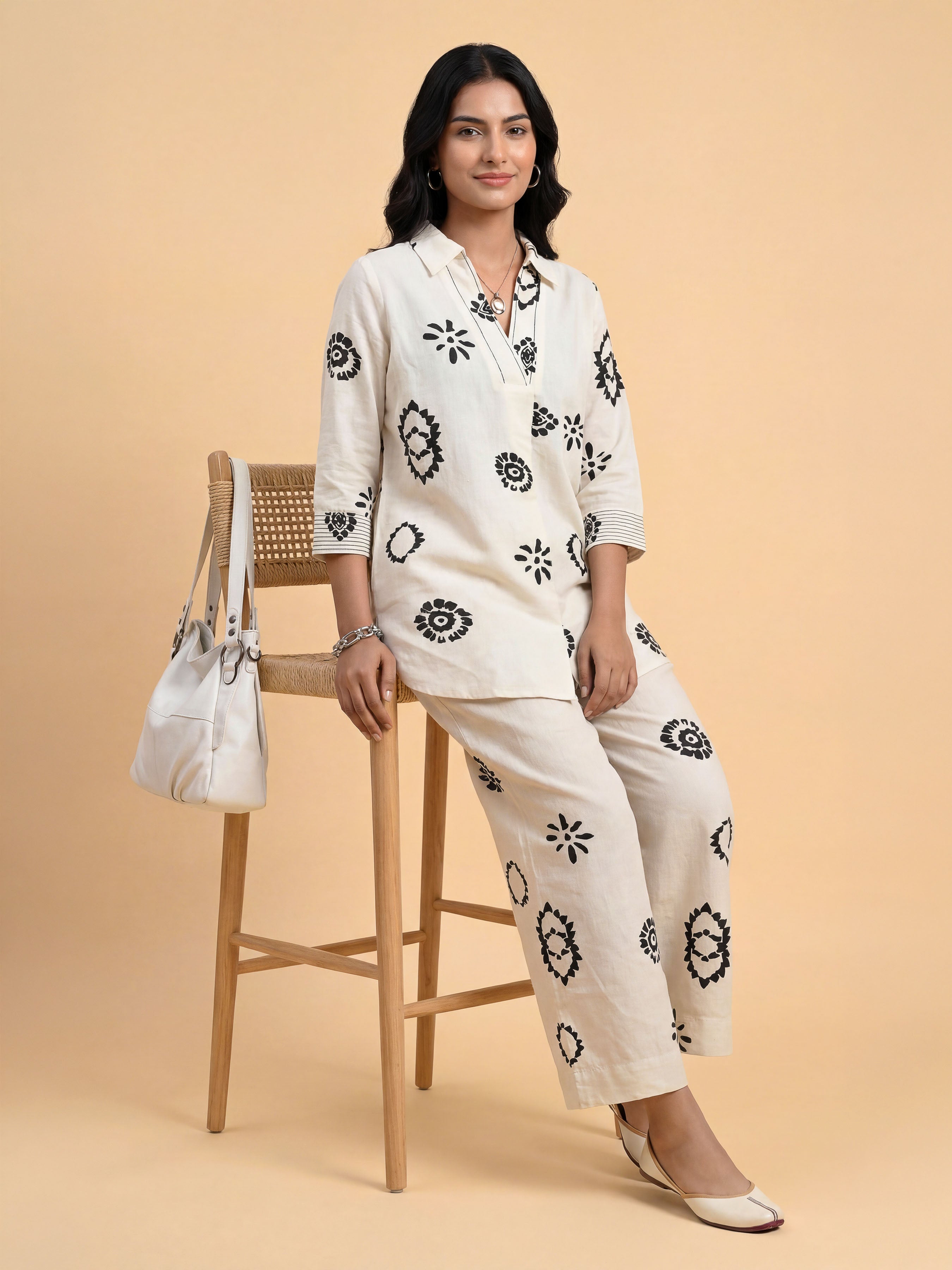 Ivory Black Cotton Flax Printed Tunic Set With Knife Pleat And Embroidery