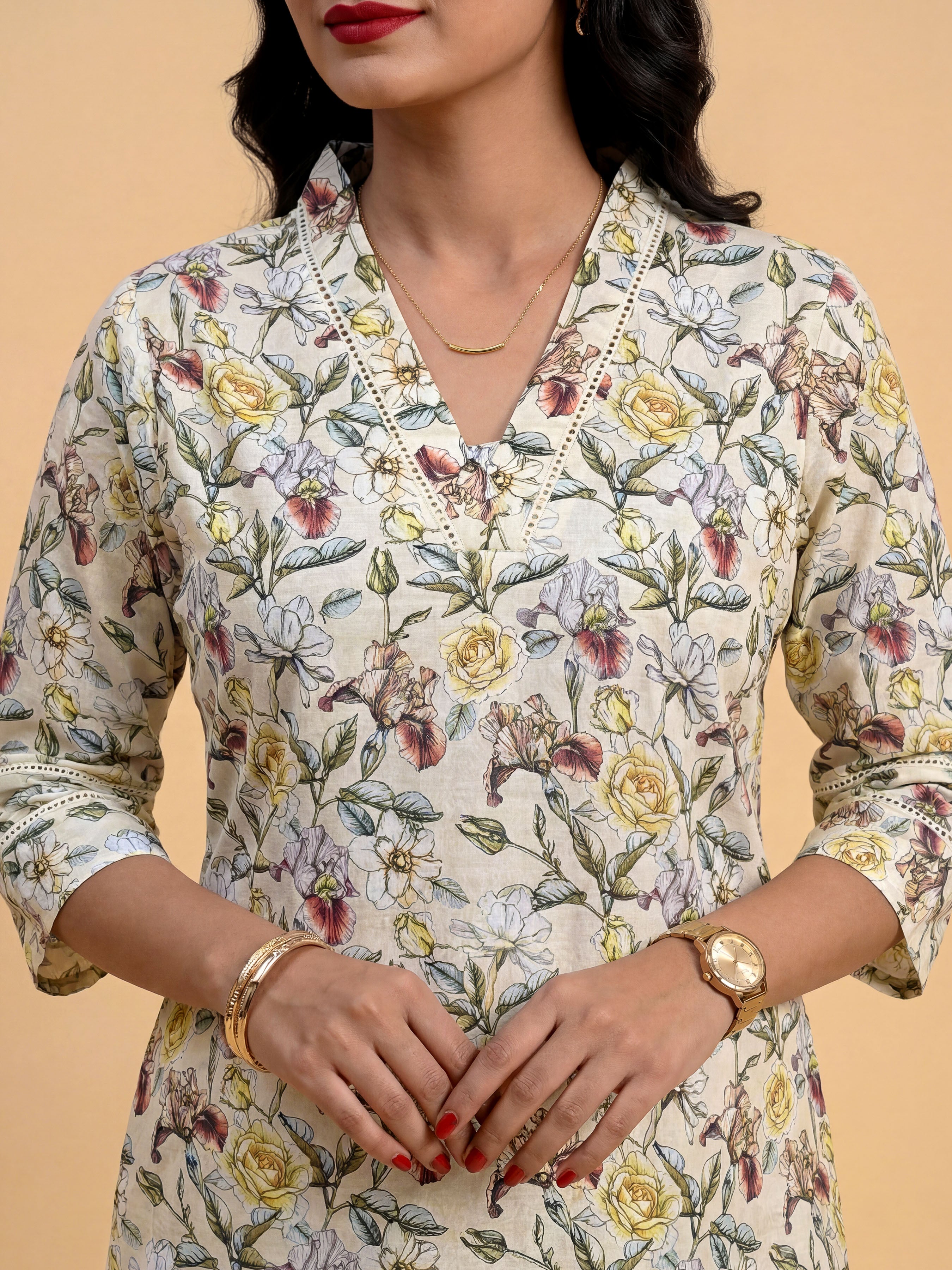 White Multicolour Pure Cotton Printed Slited Kurti With Lace