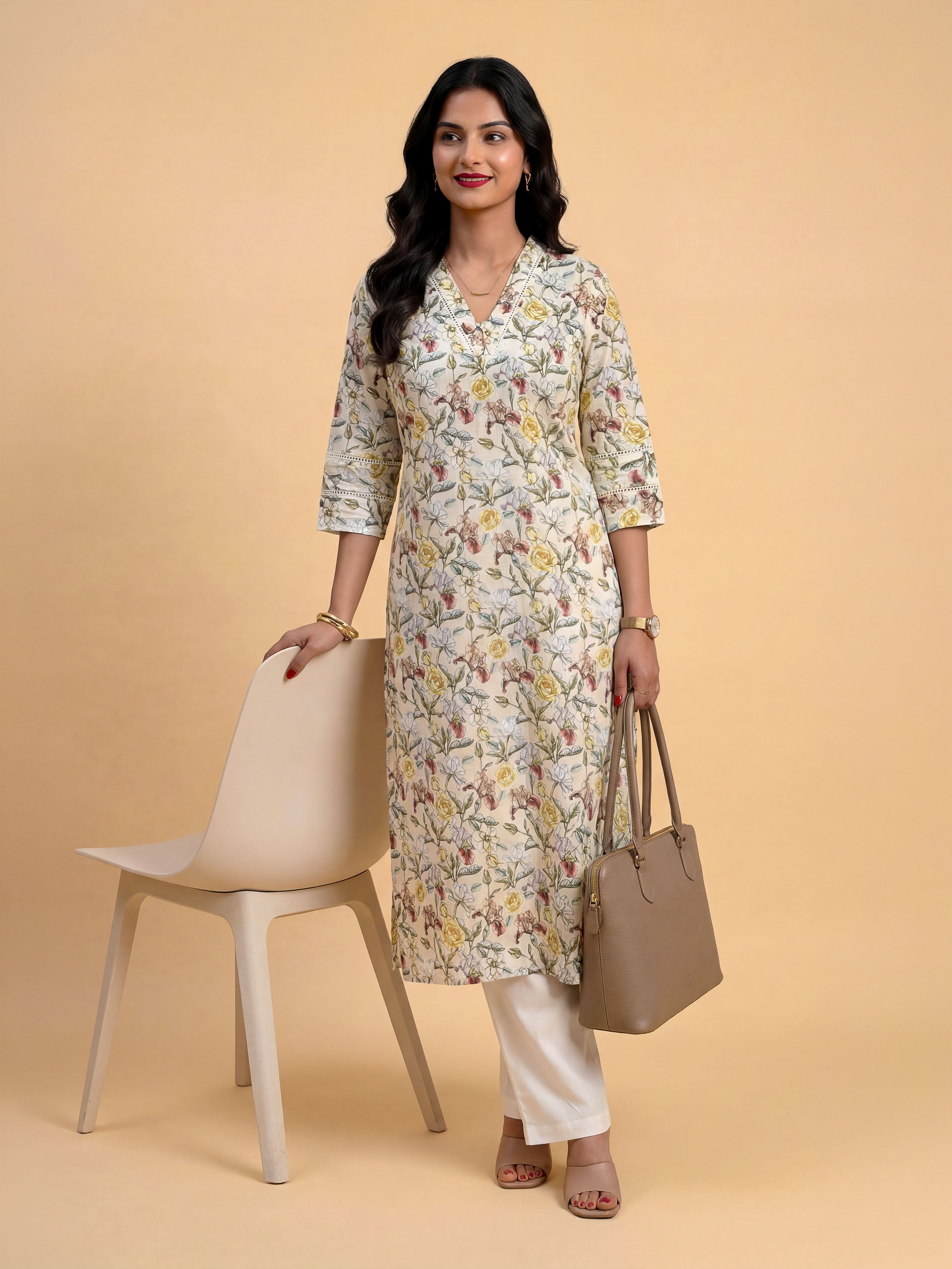 White Multicolour Pure Cotton Printed Slited Kurti With Lace