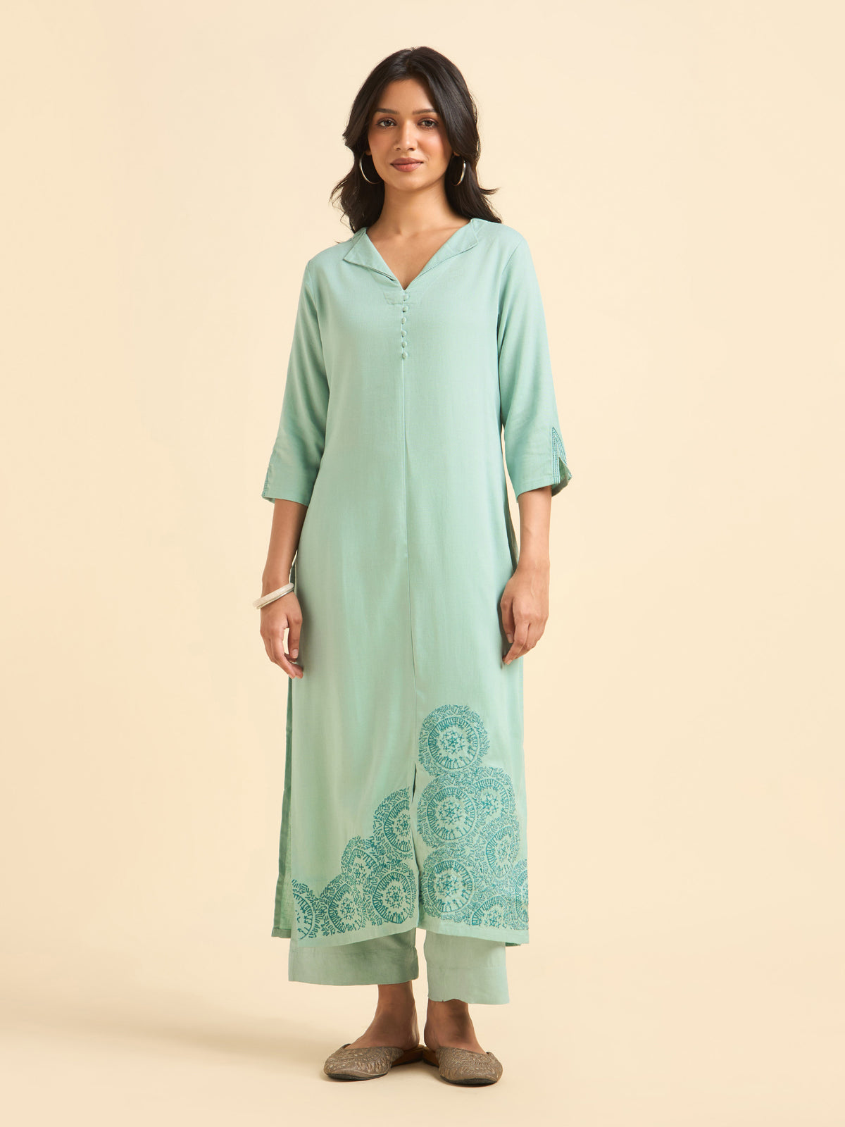 Aqua Green Viscose Linen Slitted Kurti Set With Embroidery