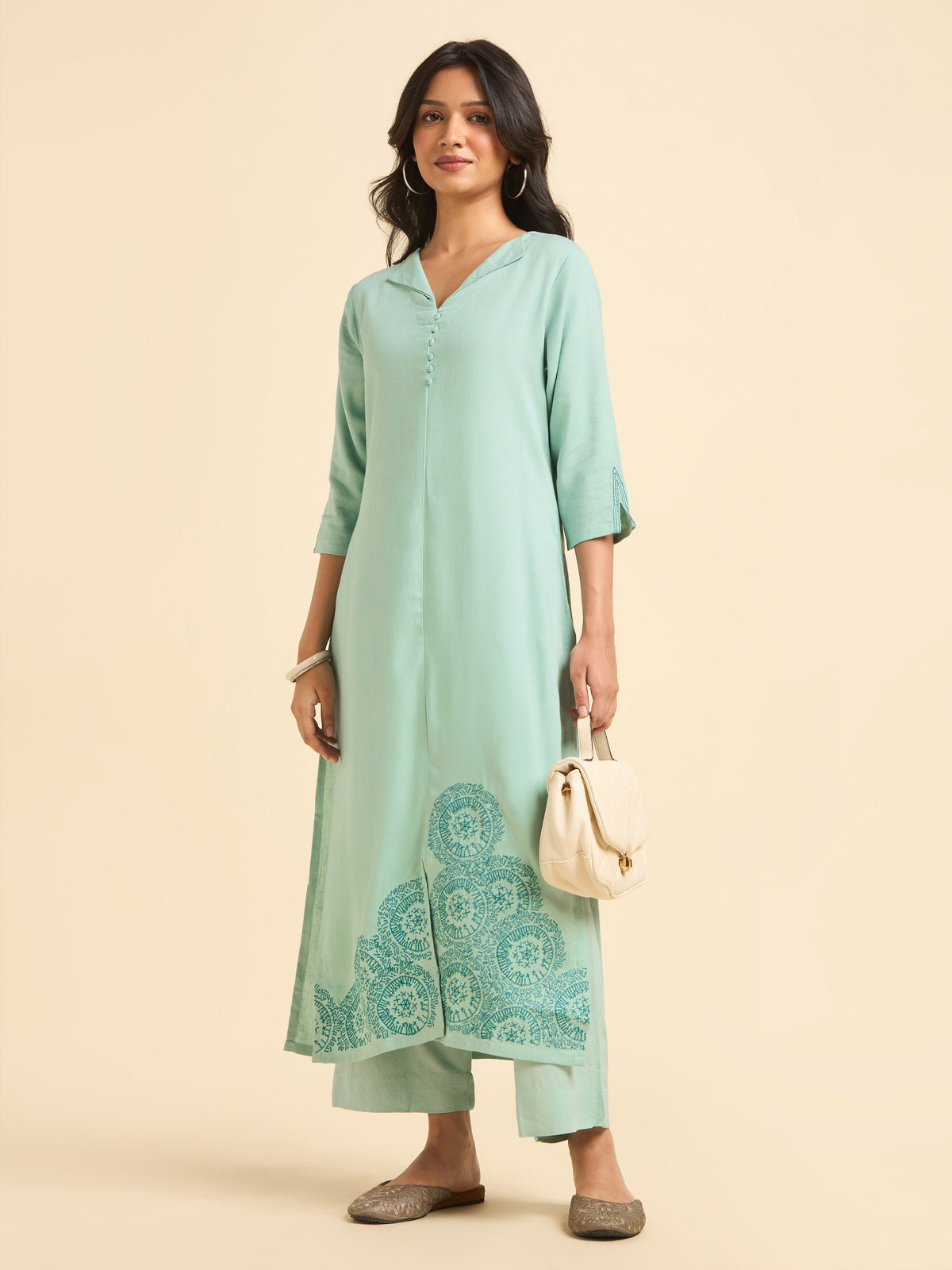 Aqua Green Viscose Linen Slitted Kurti Set With Embroidery