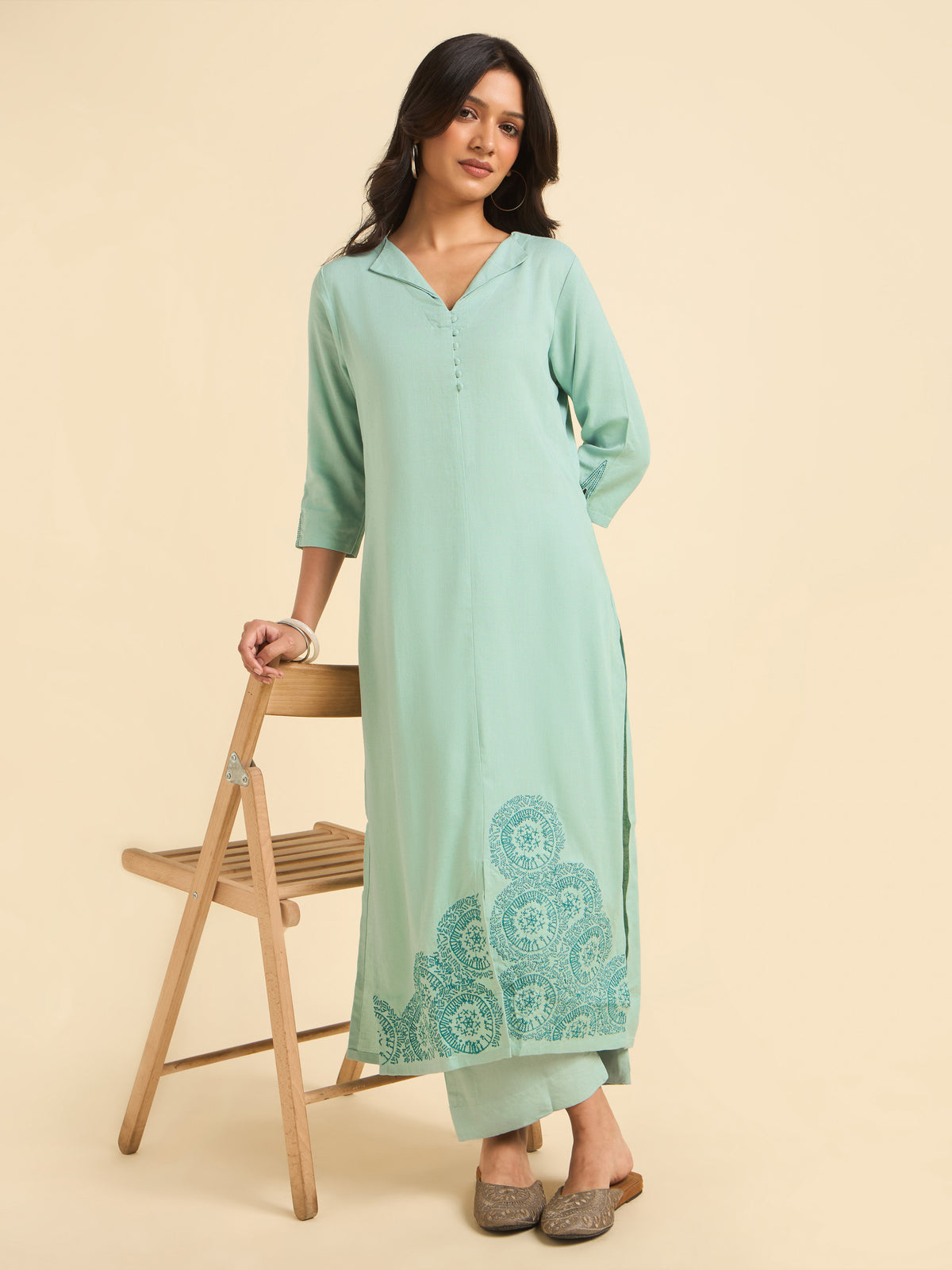 Aqua Green Viscose Linen Slitted Kurti Set With Embroidery