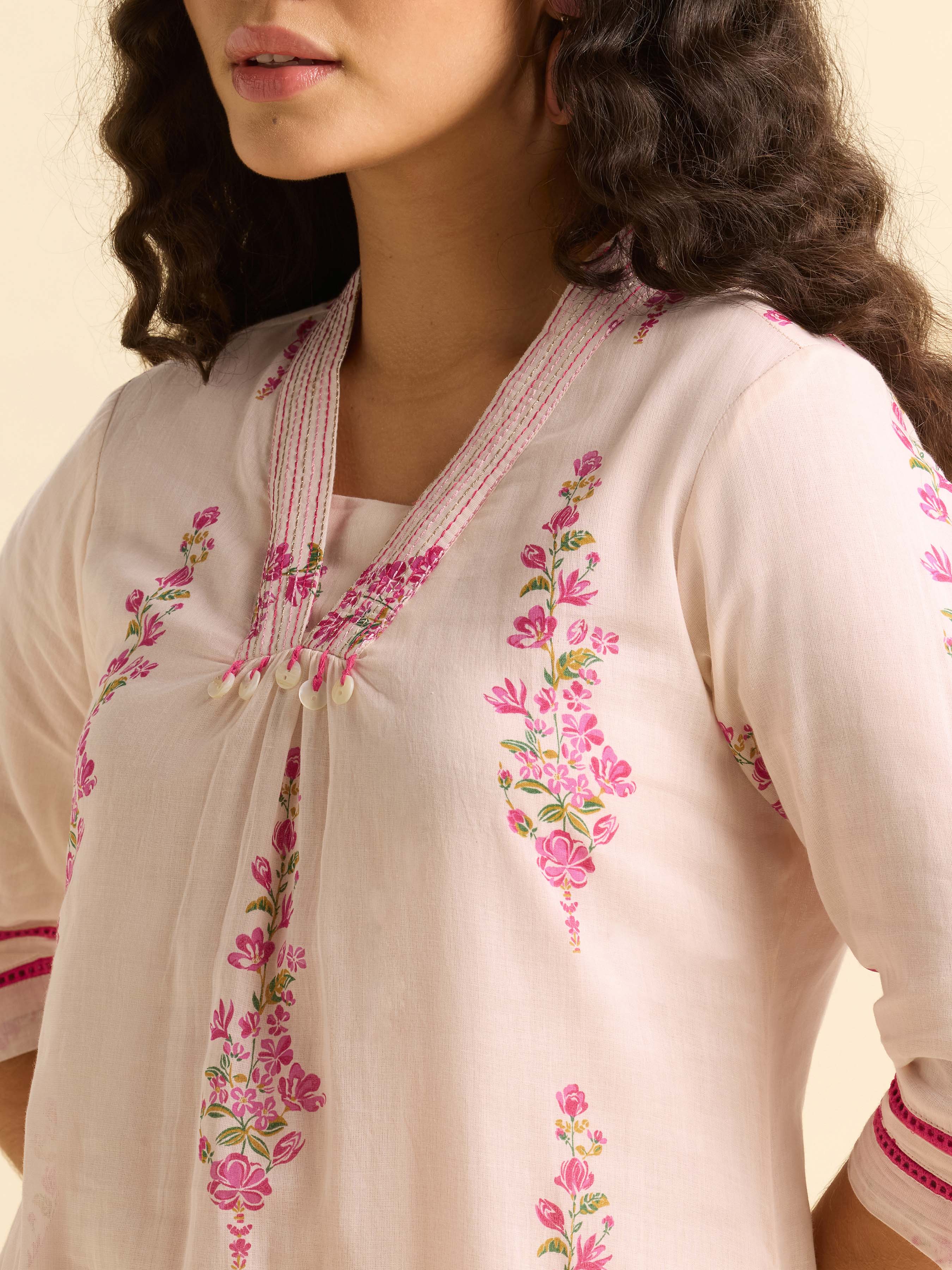 Baby Pink Multi Colour Pure Cotton Printed Flared Kurti With Embroidery
