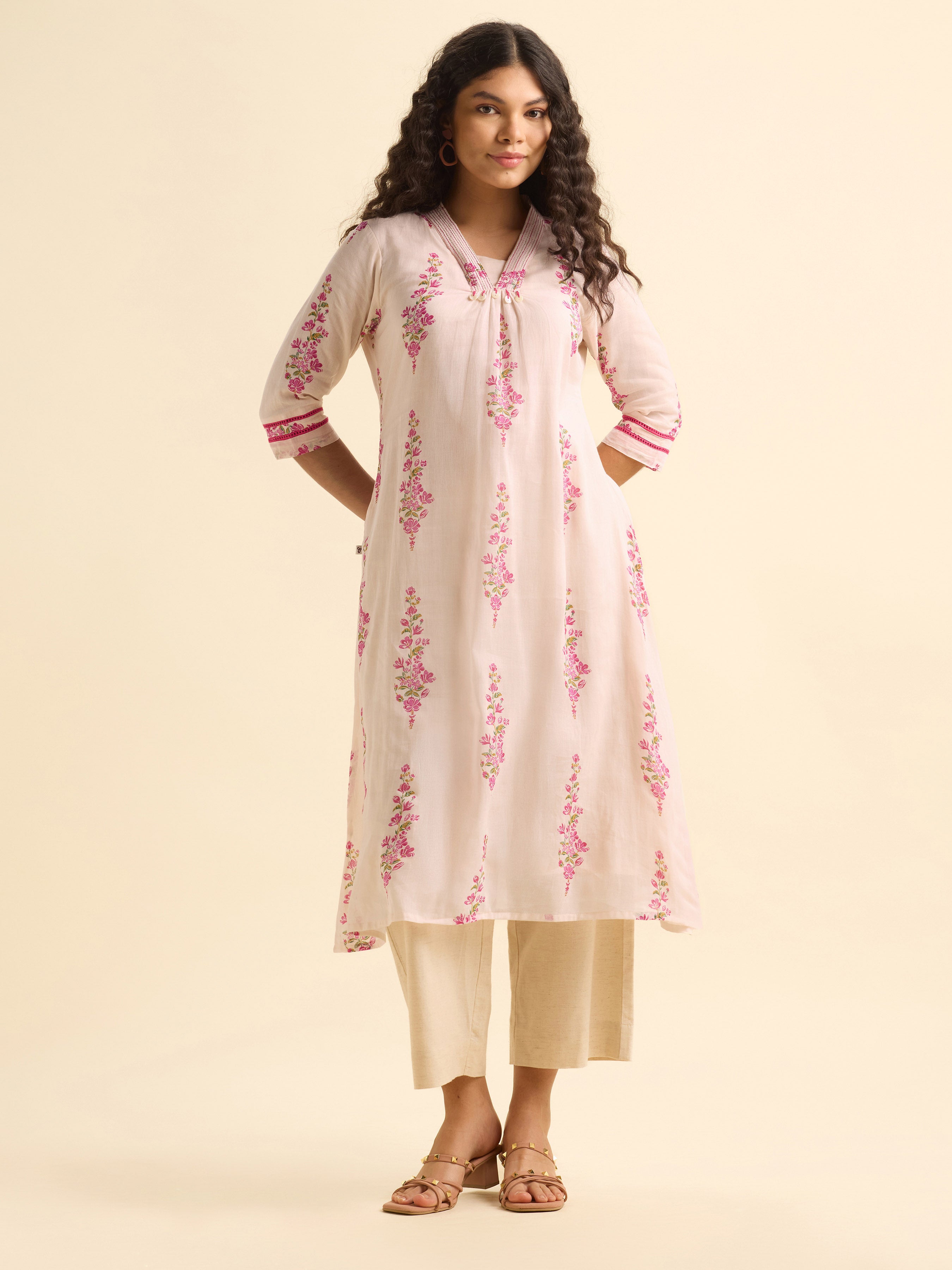 Baby Pink Multi Colour Pure Cotton Printed Flared Kurti With Embroidery