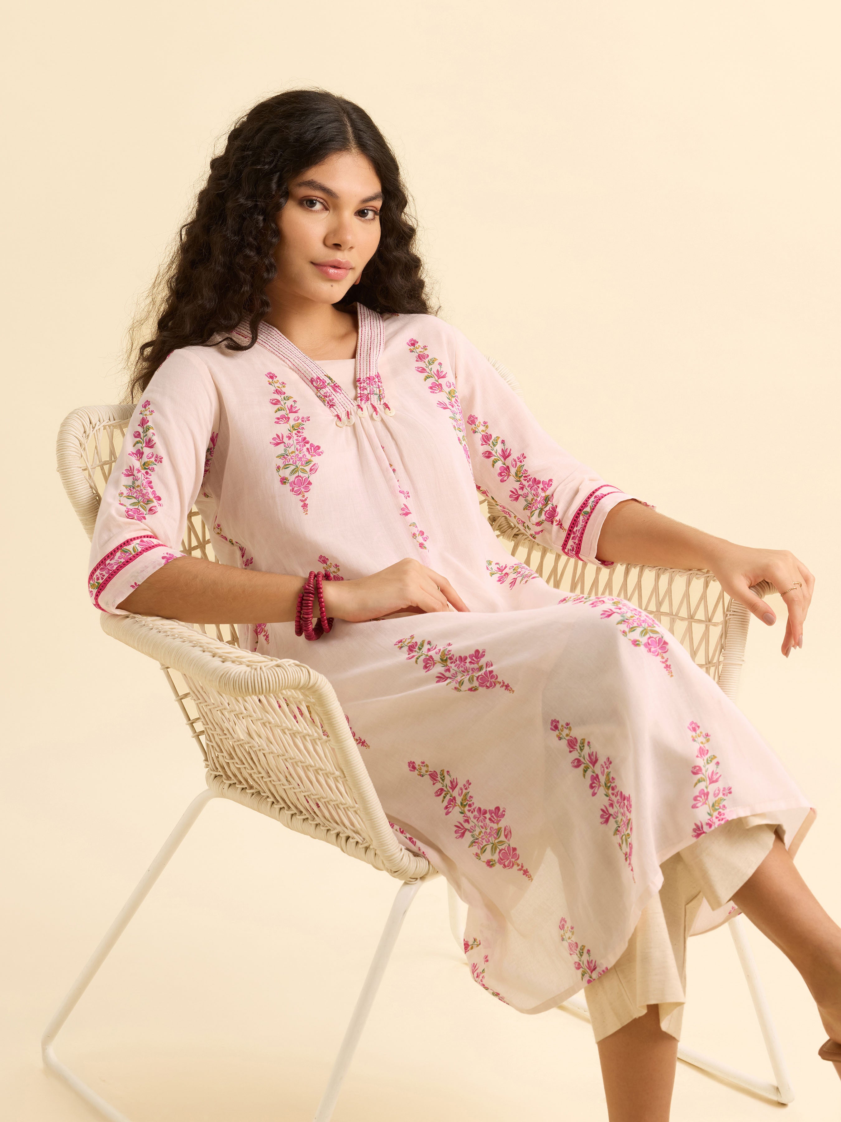Baby Pink Multi Colour Pure Cotton Printed Flared Kurti With Embroidery