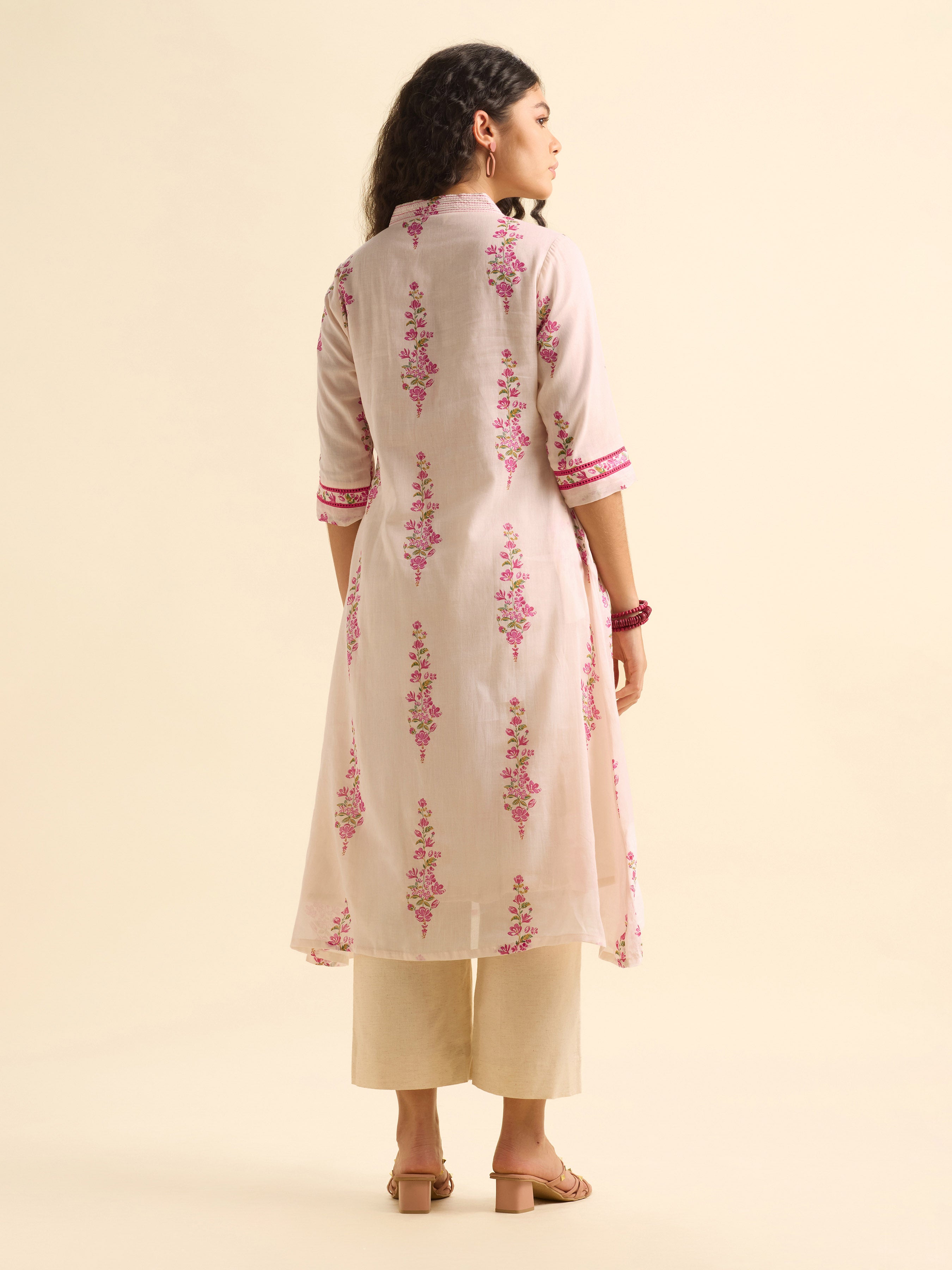 Baby Pink Multi Colour Pure Cotton Printed Flared Kurti With Embroidery