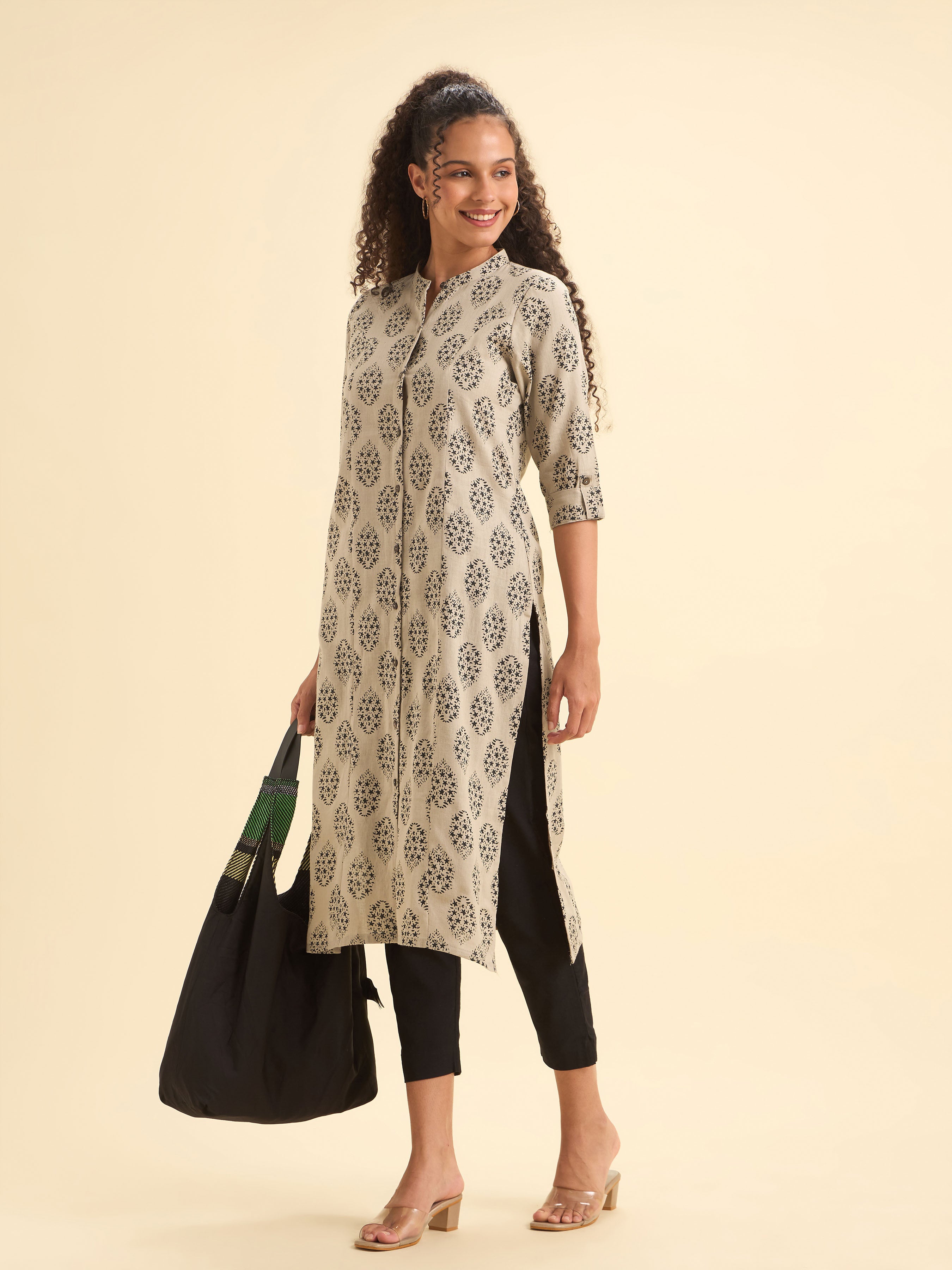 Beige Black Colour Cotton Flax Printed Slitted Kurti With Placket