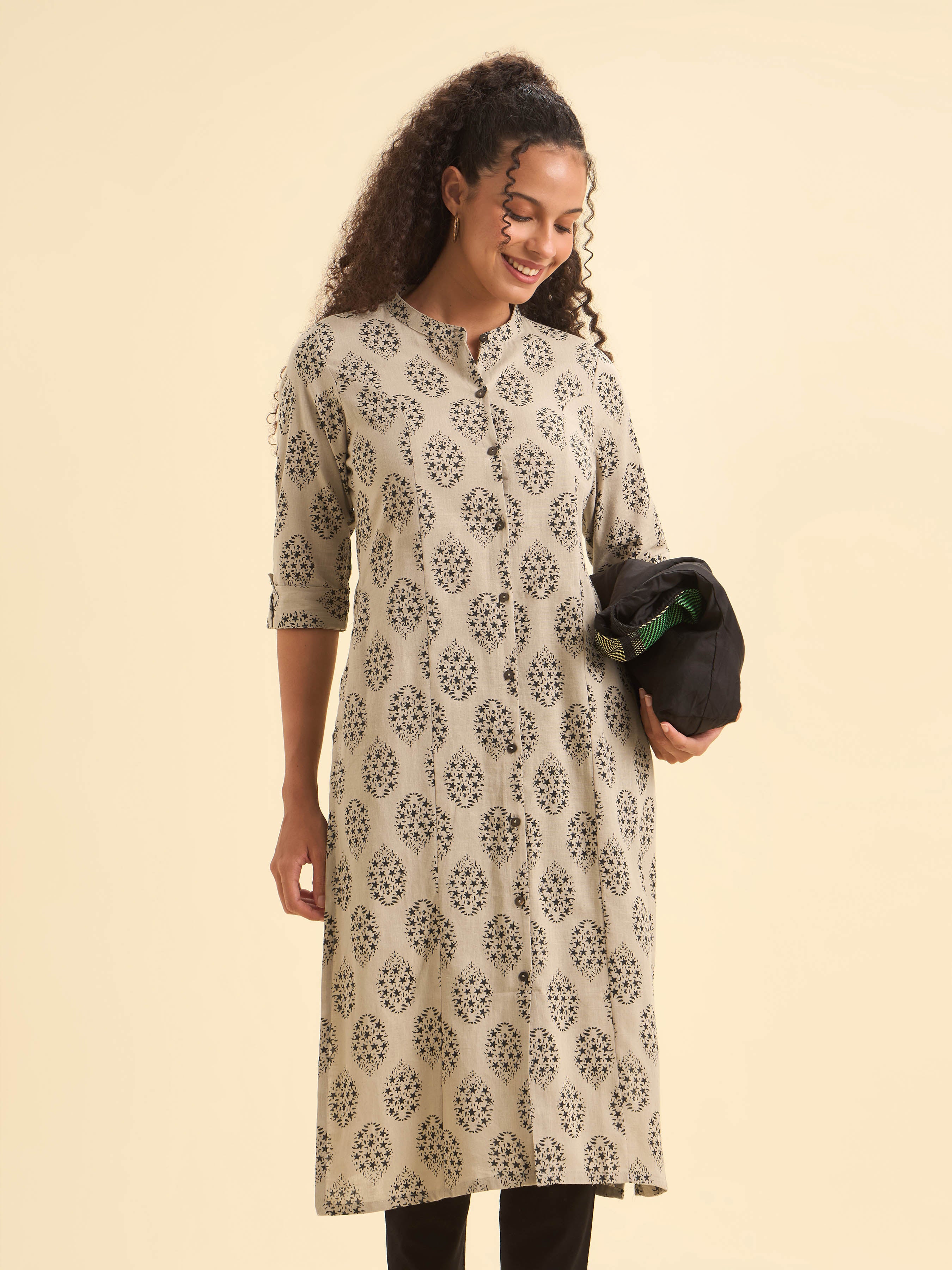 Beige Black Colour Cotton Flax Printed Slitted Kurti With Placket