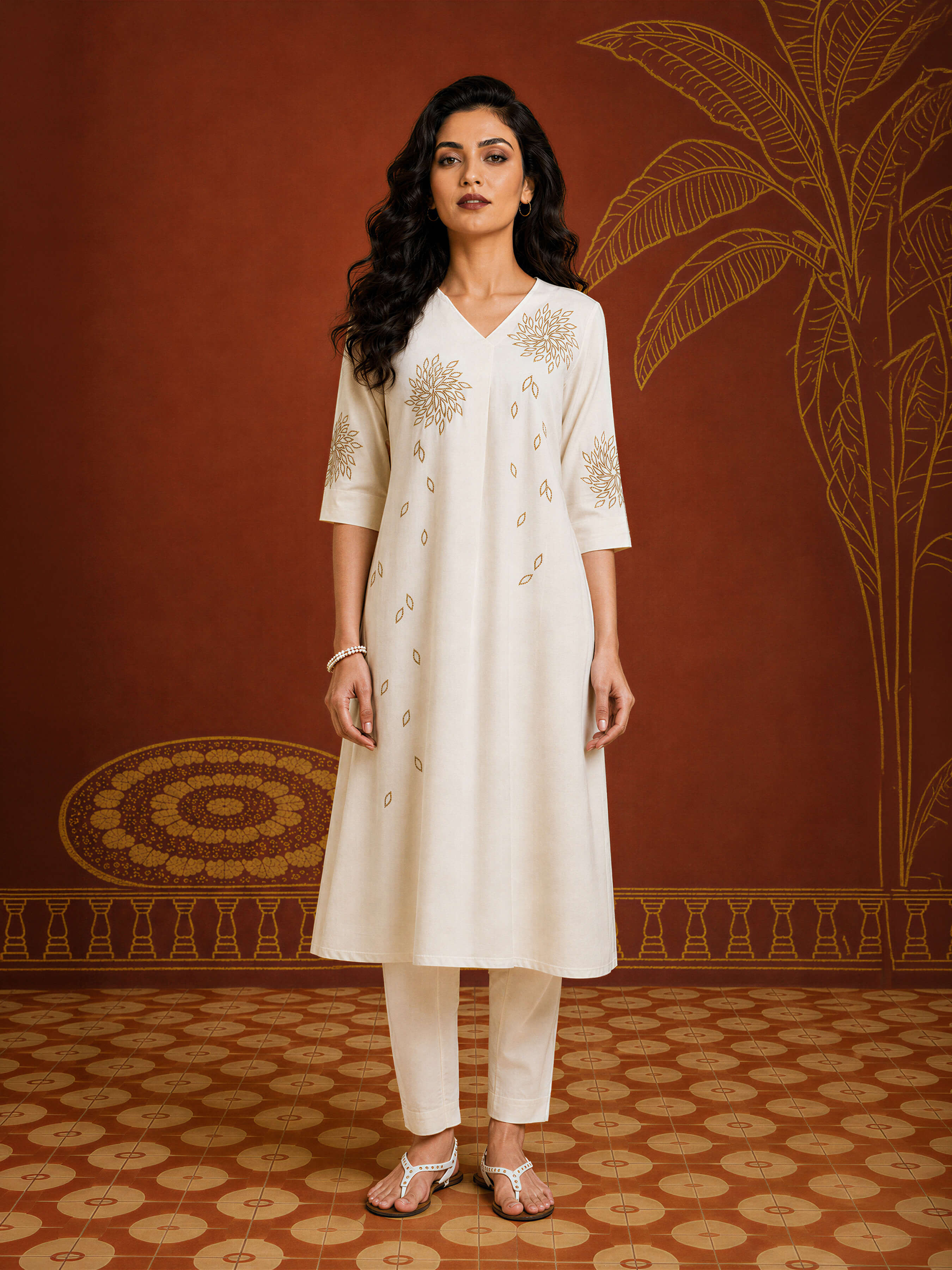 Beige Colour Cotton Flax Slub Plain Flared Kurti With Embroidery