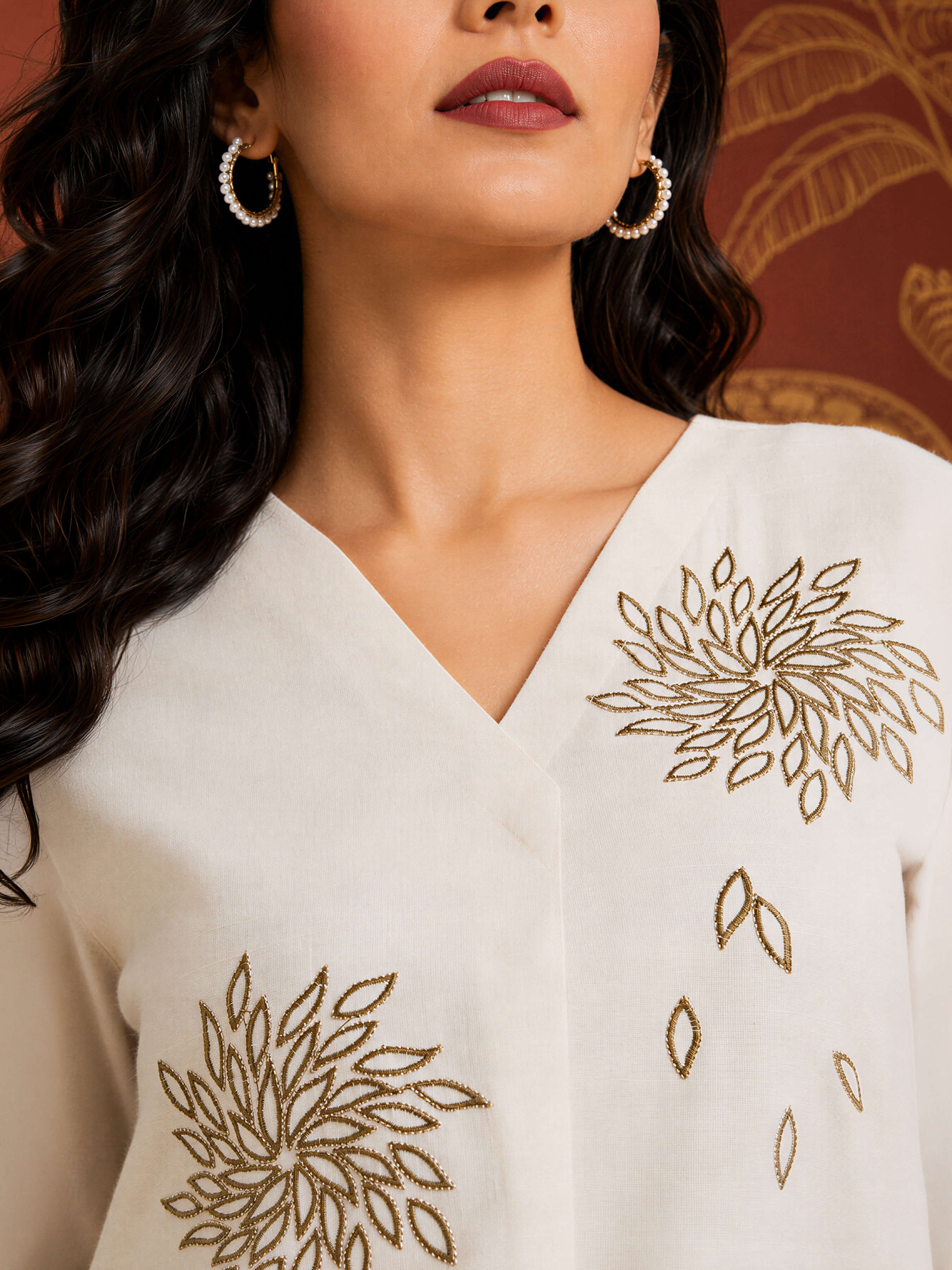 Beige Colour Cotton Flax Slub Plain Flared Kurti With Embroidery