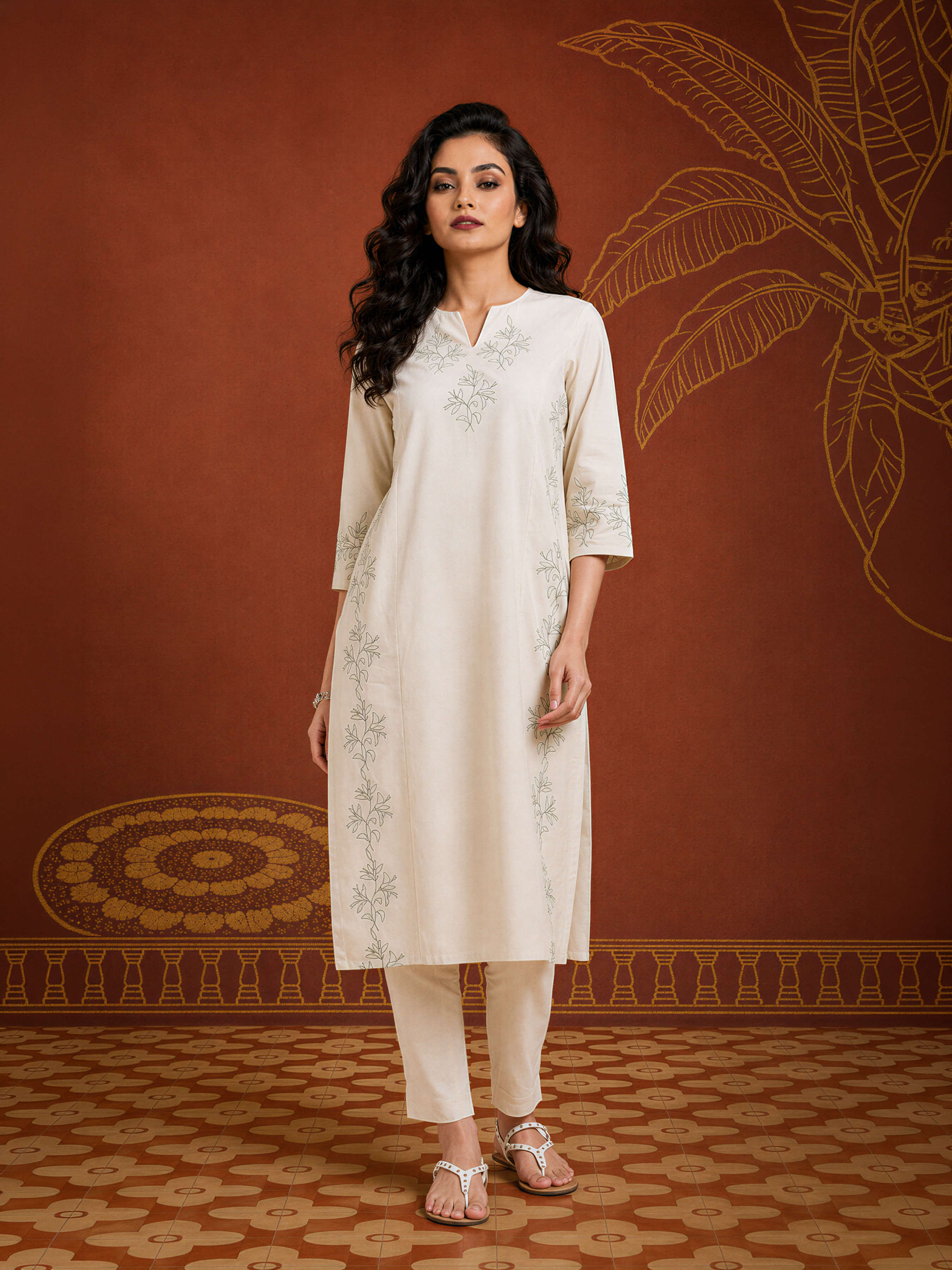 Beige Colour Cotton Flax Slub Plain Slited Kurti With Princesscut And Embroidery