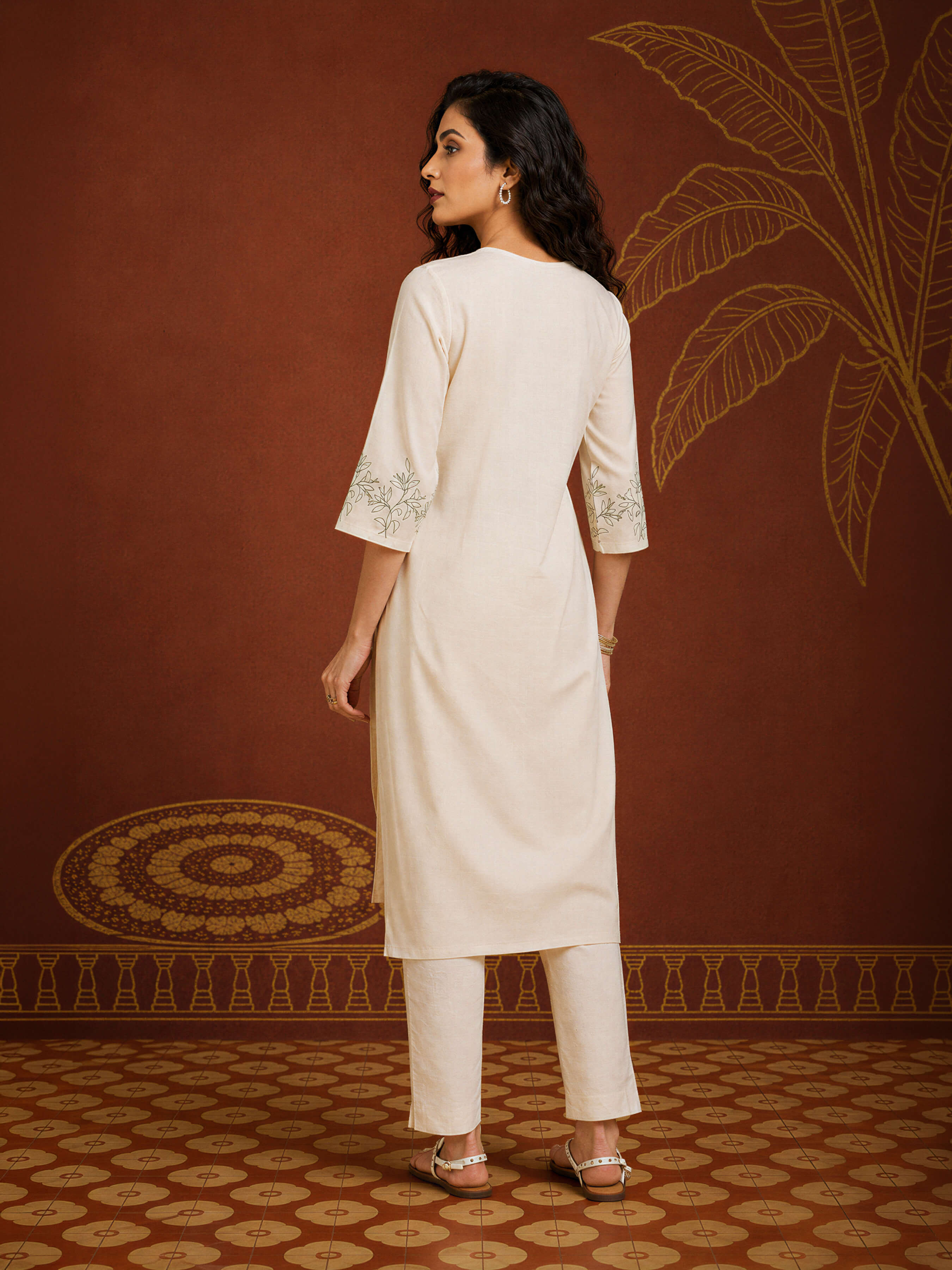 Beige Colour Cotton Flax Slub Plain Slited Kurti With Princesscut And Embroidery