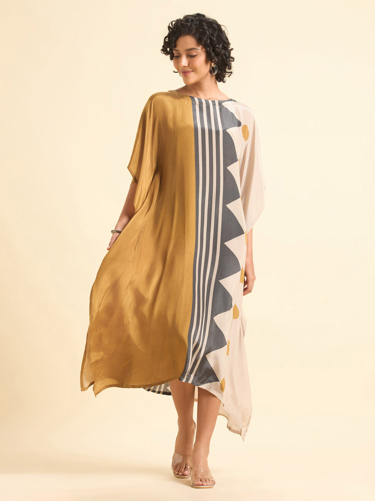 Beige Multi Colour Crepe Printed Kaftan