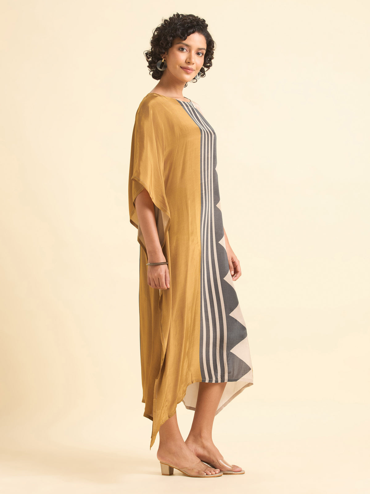 Beige Multi Colour Crepe Printed Kaftan