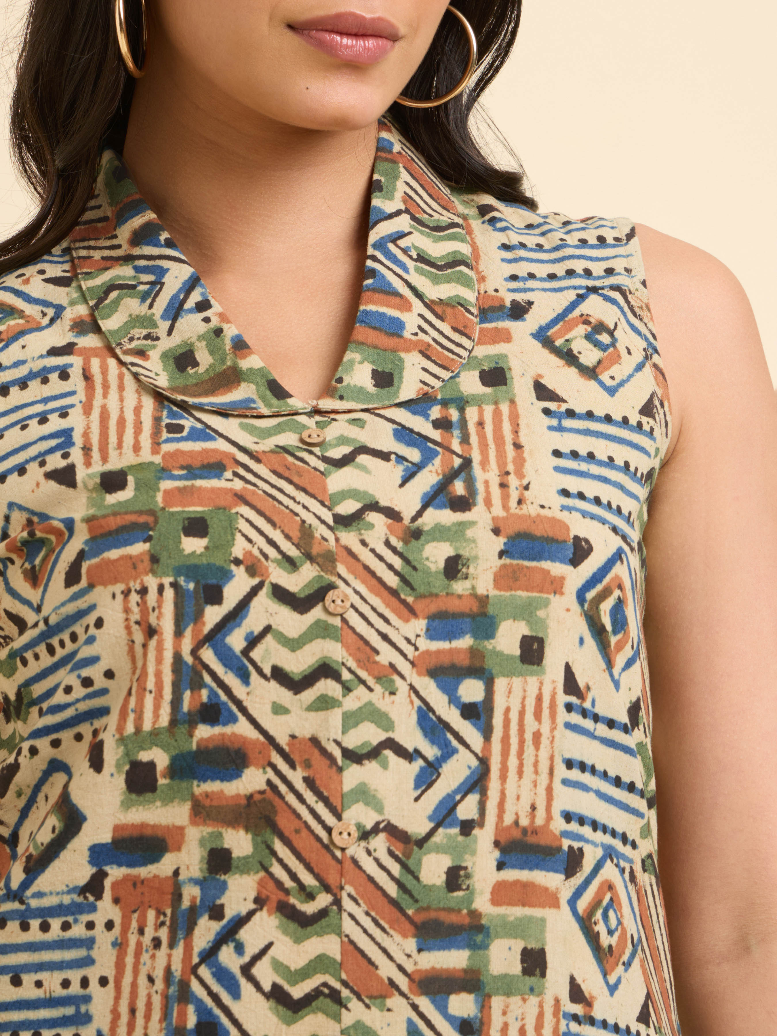 Beige Multicolour Cotton Printed Flared Kurti