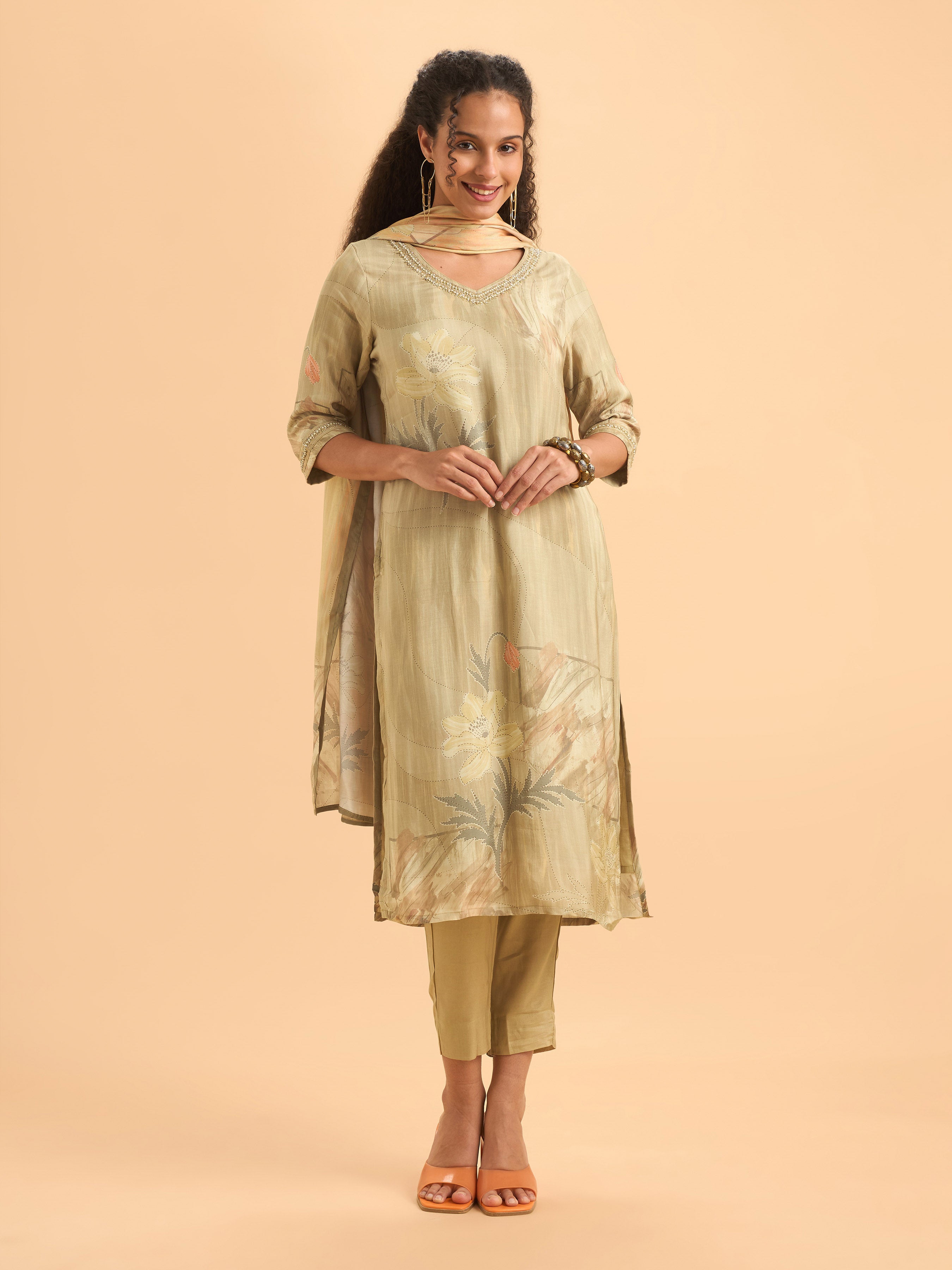 Beige Muslin Slitted Kurti Set With S cut Bead Work Styled With Printed Dupatta