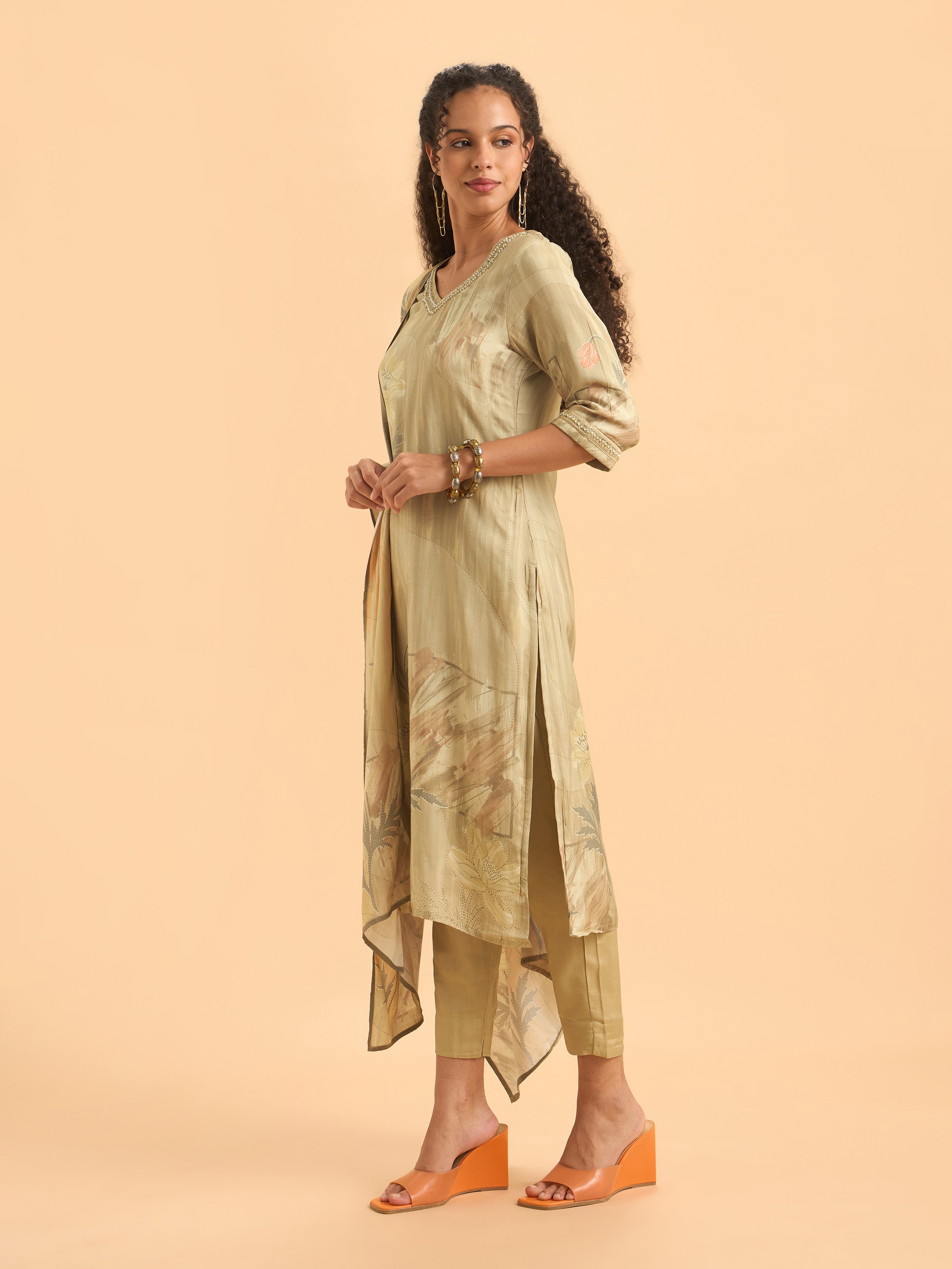Beige Muslin Slitted Kurti Set With S cut Bead Work Styled With Printed Dupatta