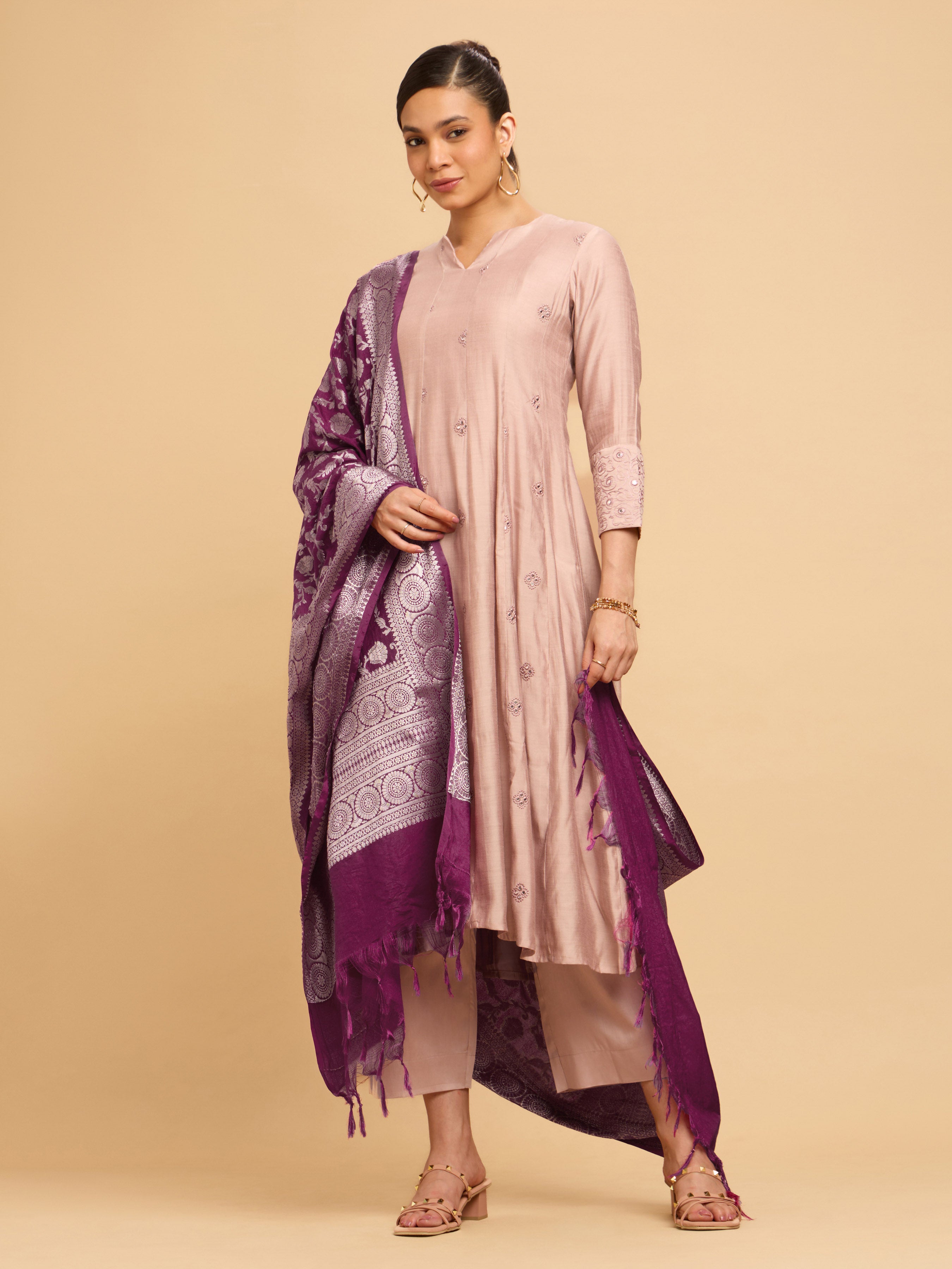 Beige Viscose Blend Kurti Set With Dupatta With Embroidery