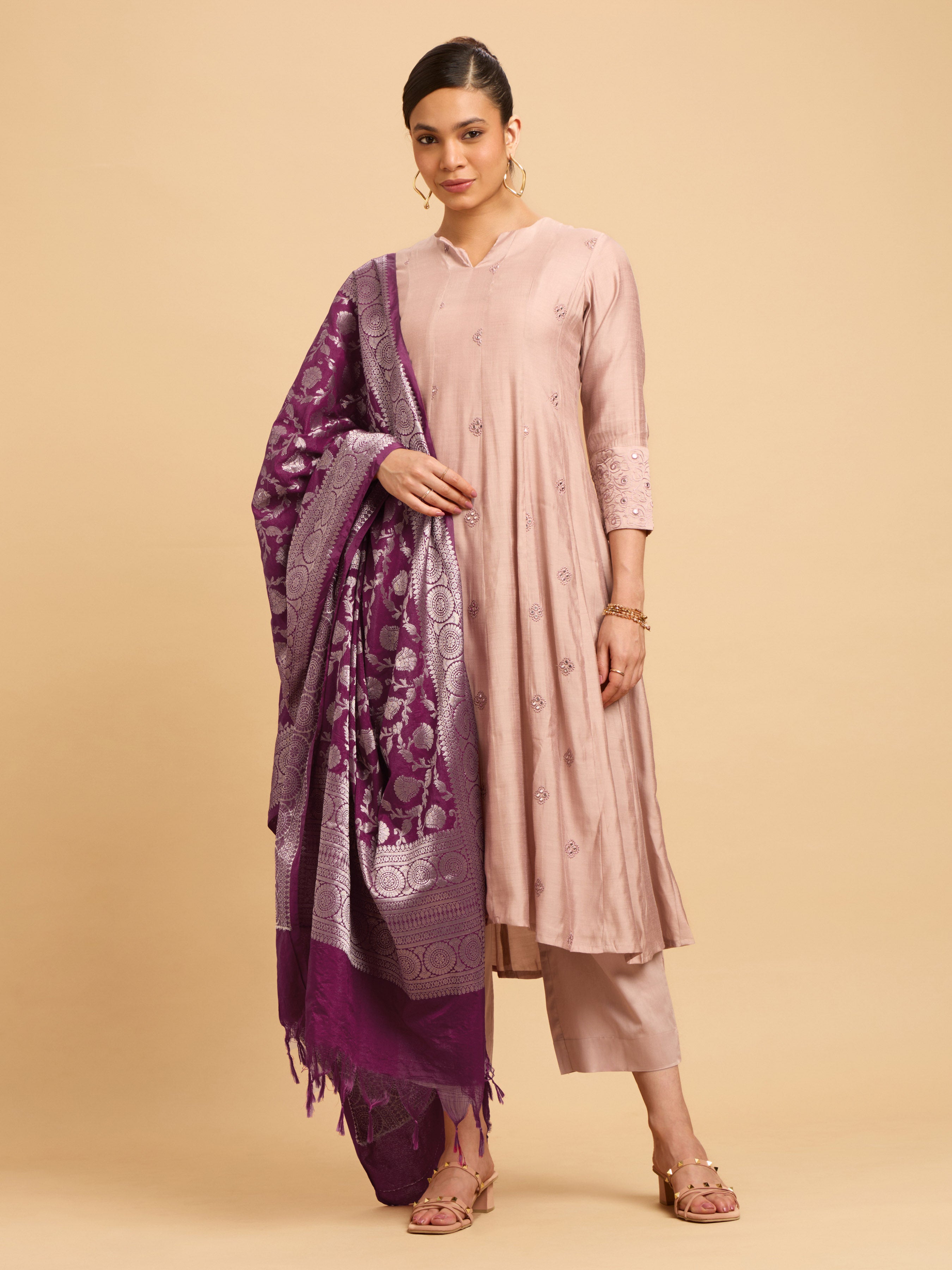 Beige Viscose Blend Kurti Set With Dupatta With Embroidery
