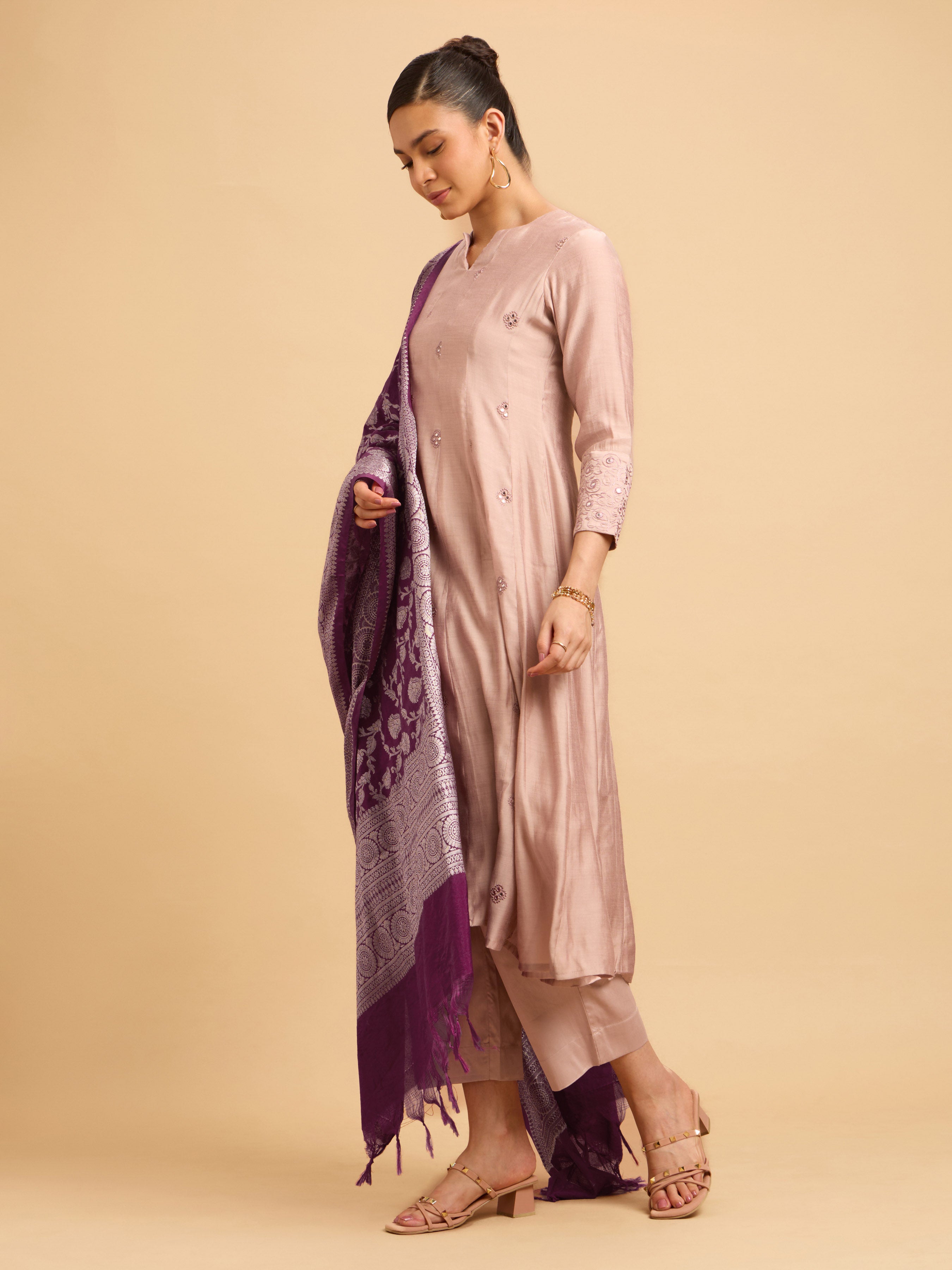 Beige Viscose Blend Kurti Set With Dupatta With Embroidery
