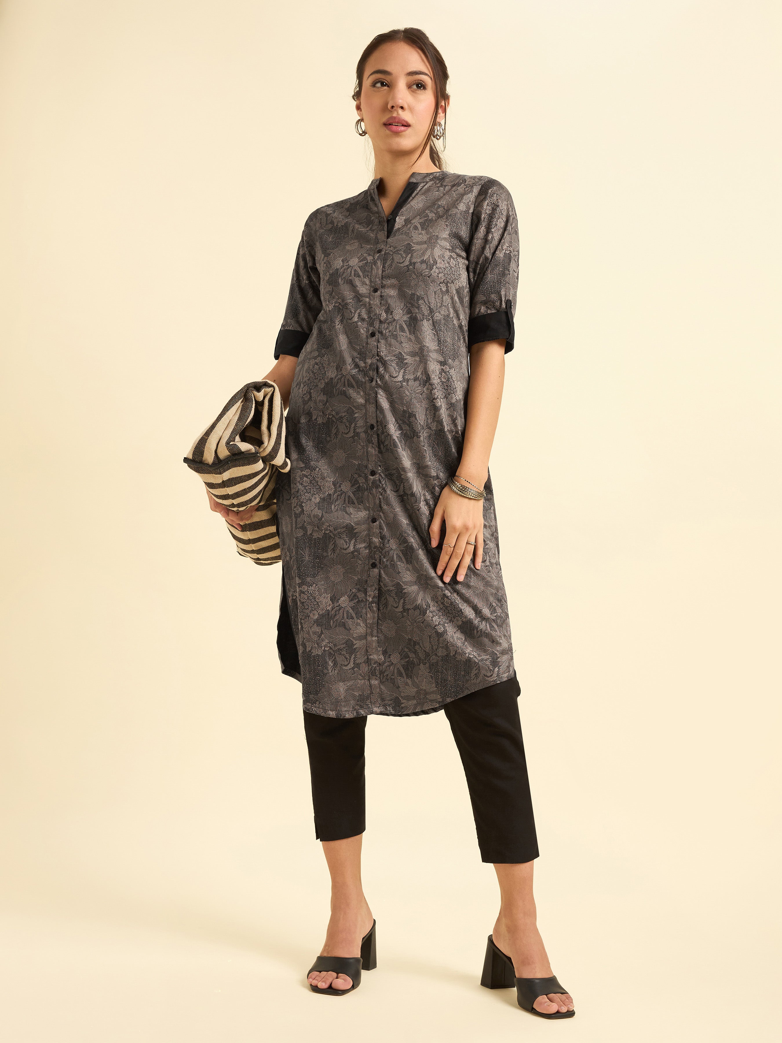 Black and Grey Cotton Satin Printed Slitted Kurti With Liberty Cut