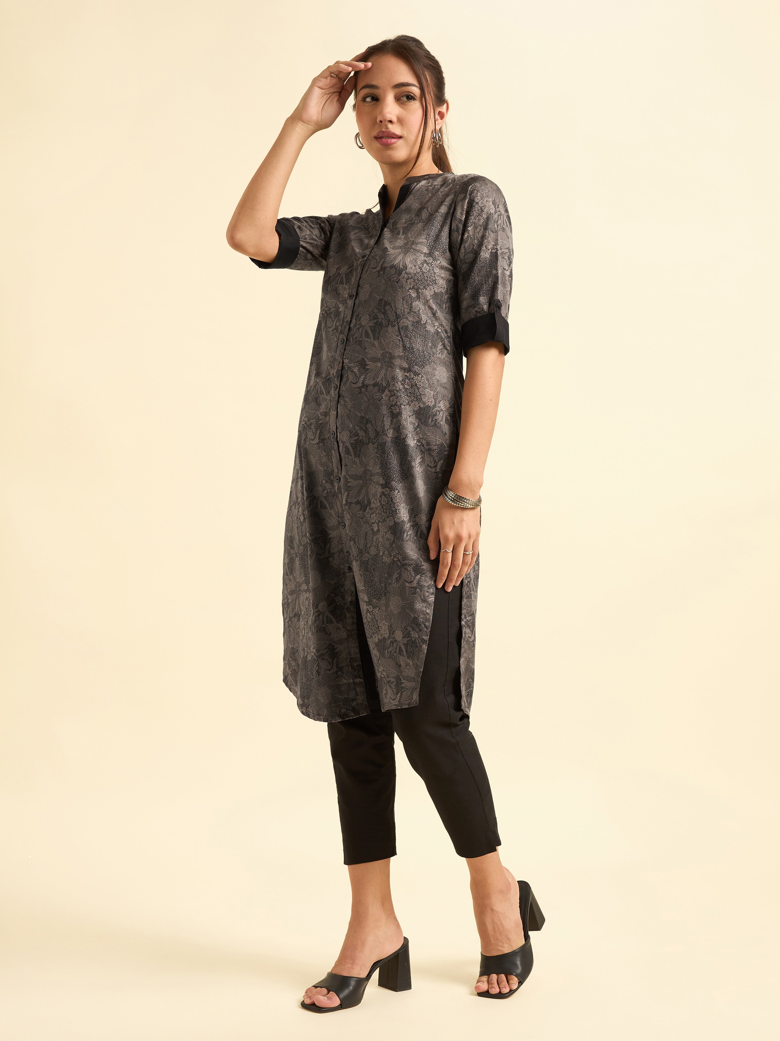 Black and Grey Cotton Satin Printed Slitted Kurti With Liberty Cut
