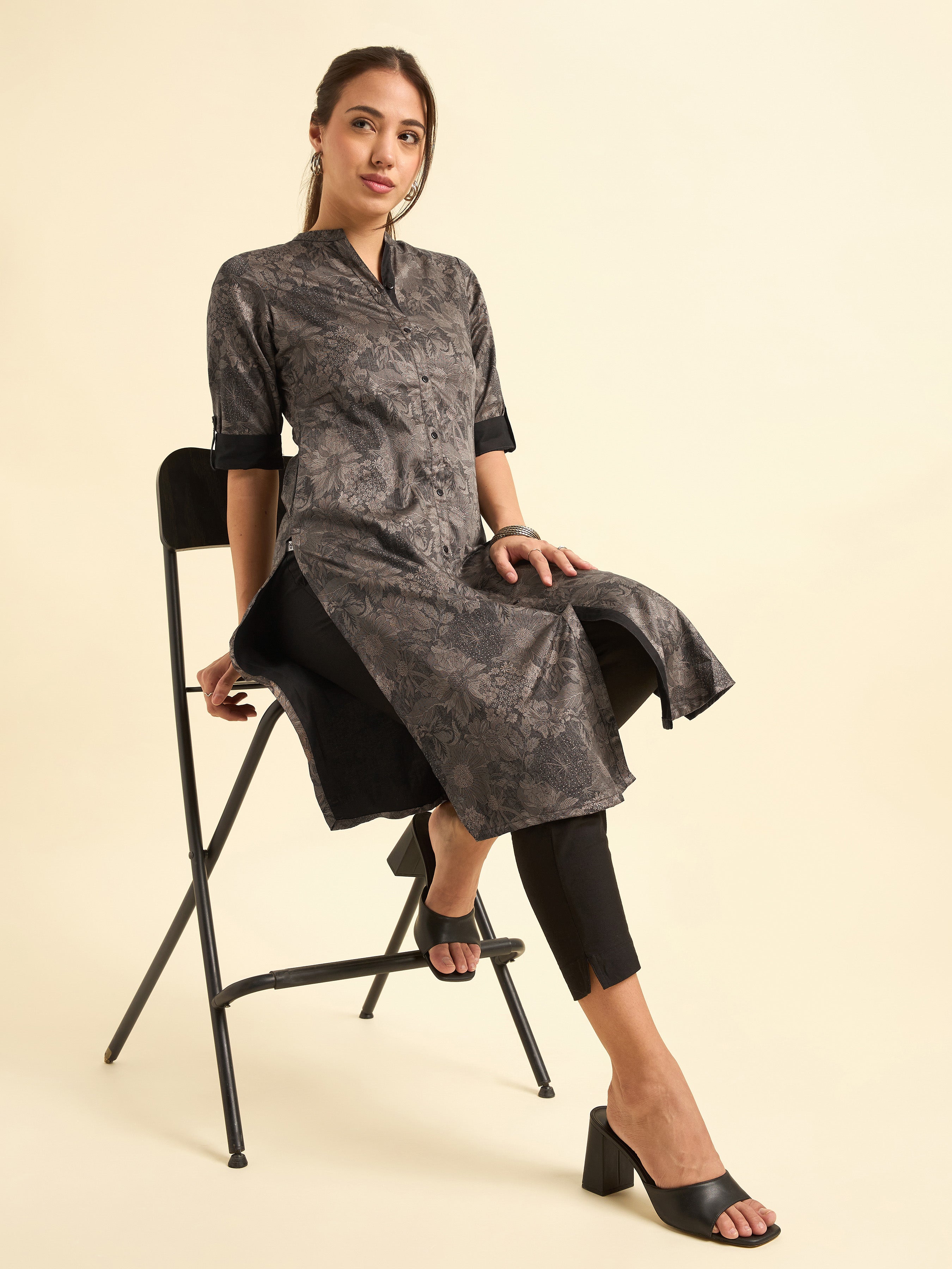 Black and Grey Cotton Satin Printed Slitted Kurti With Liberty Cut