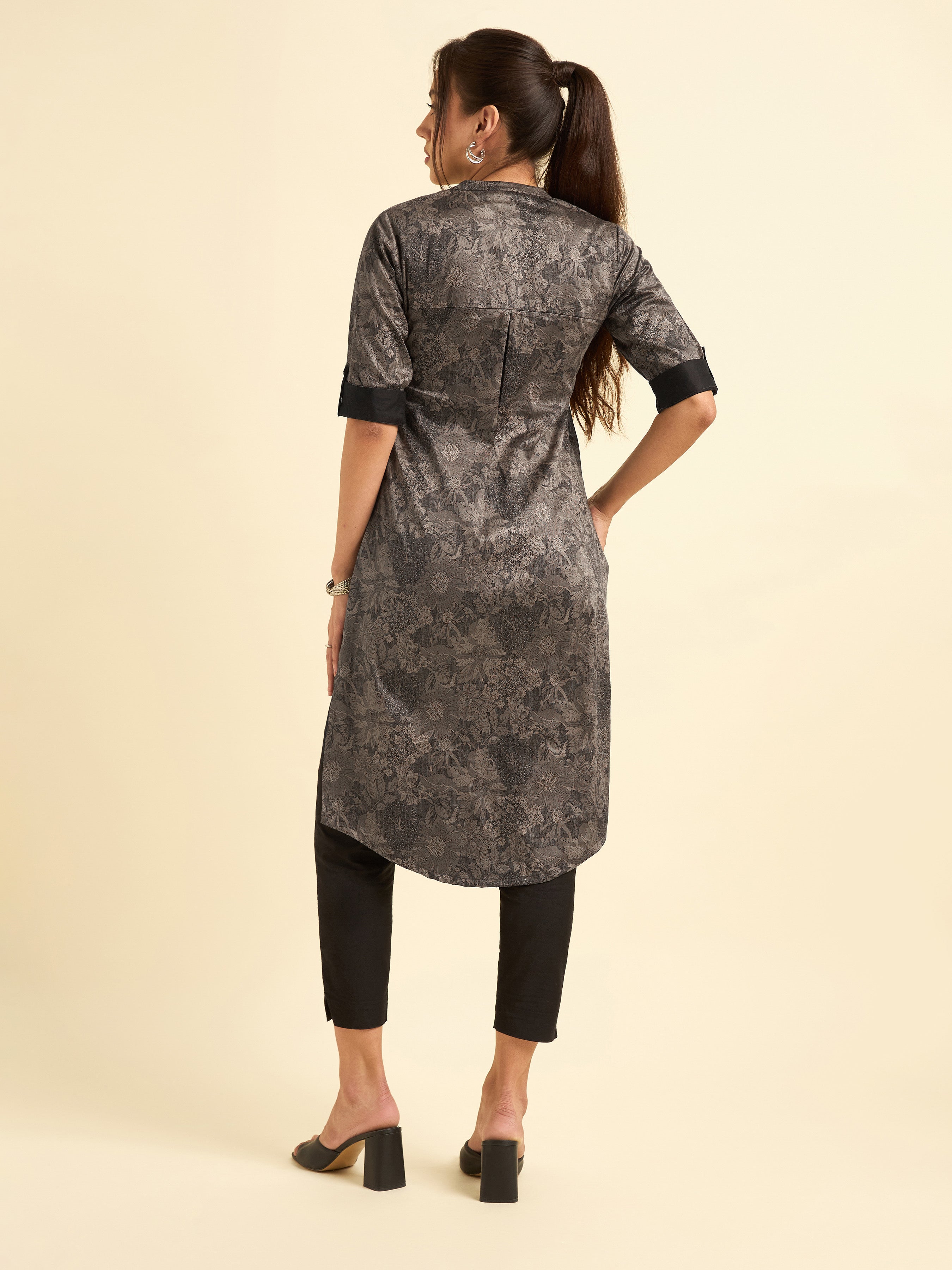 Black and Grey Cotton Satin Printed Slitted Kurti With Liberty Cut