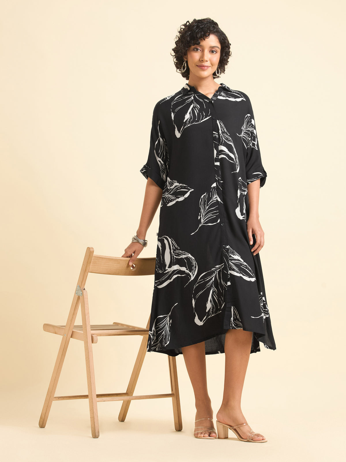Black And Ivory Viscose Printed Flared Kaftan With Handwork