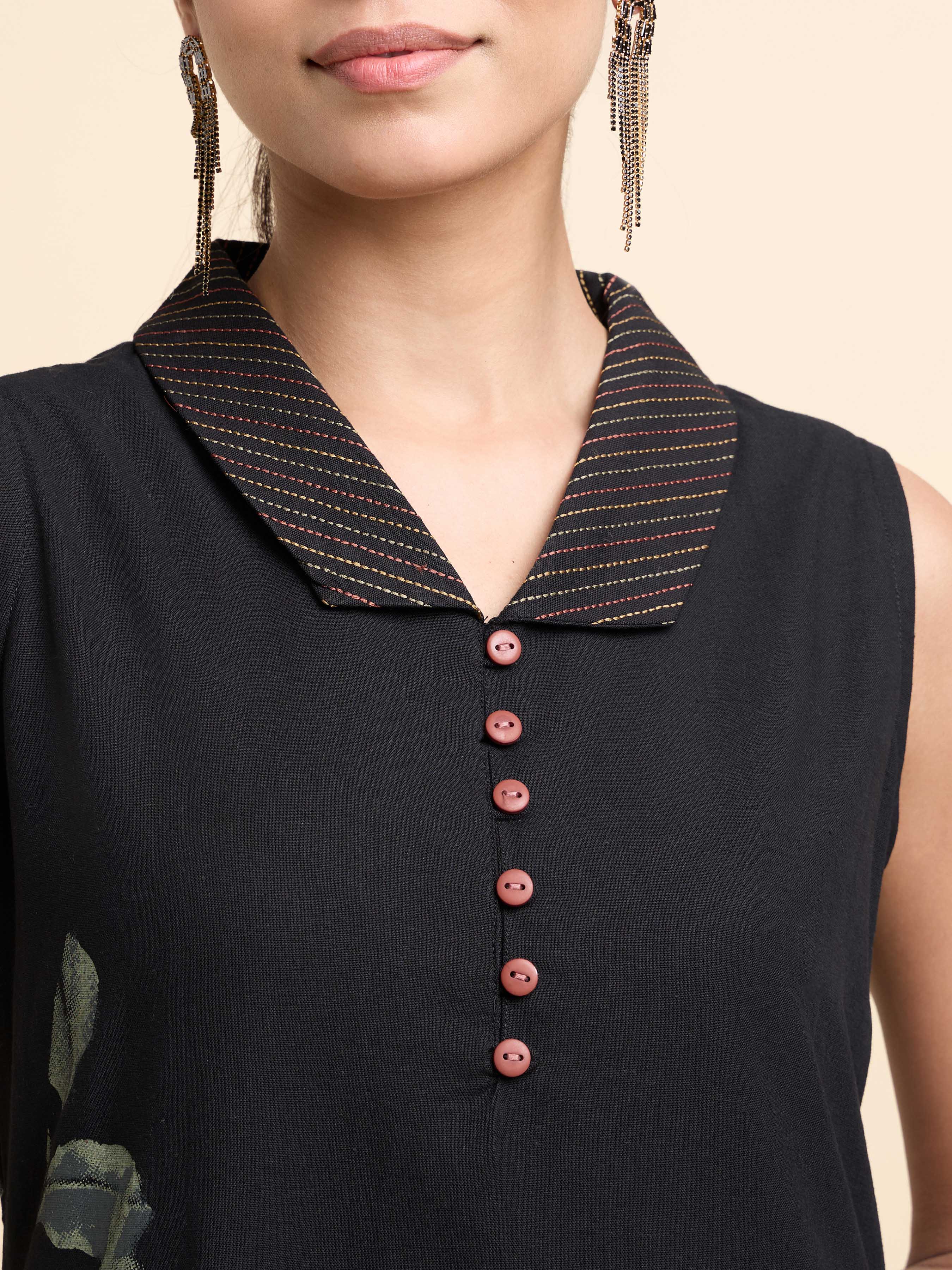 Black Colour Cotton Flax Slub Plain Flared Kurti Set With Placement Print