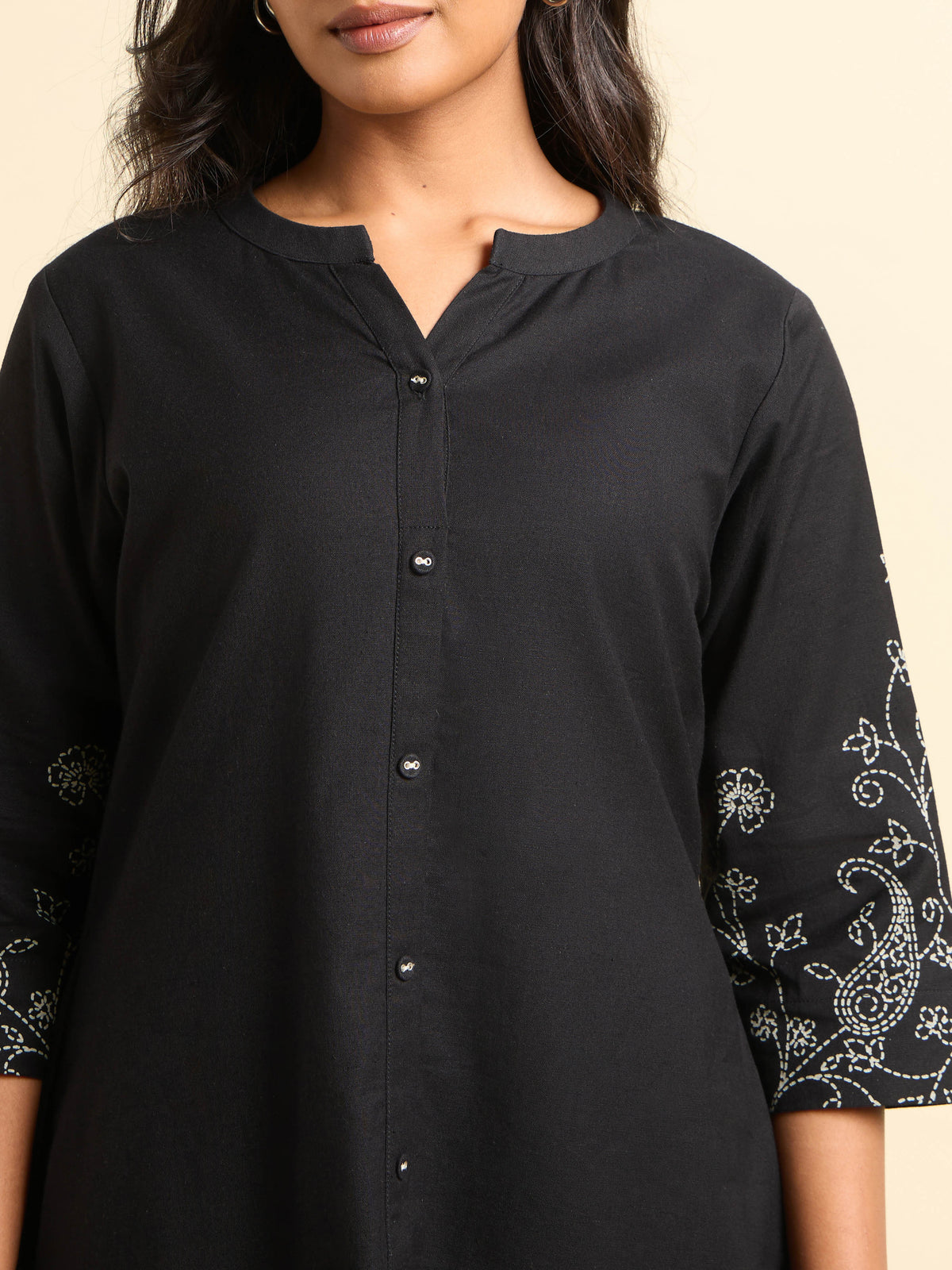Black Cotton Flax Plain Flared Kurti With Placement Print