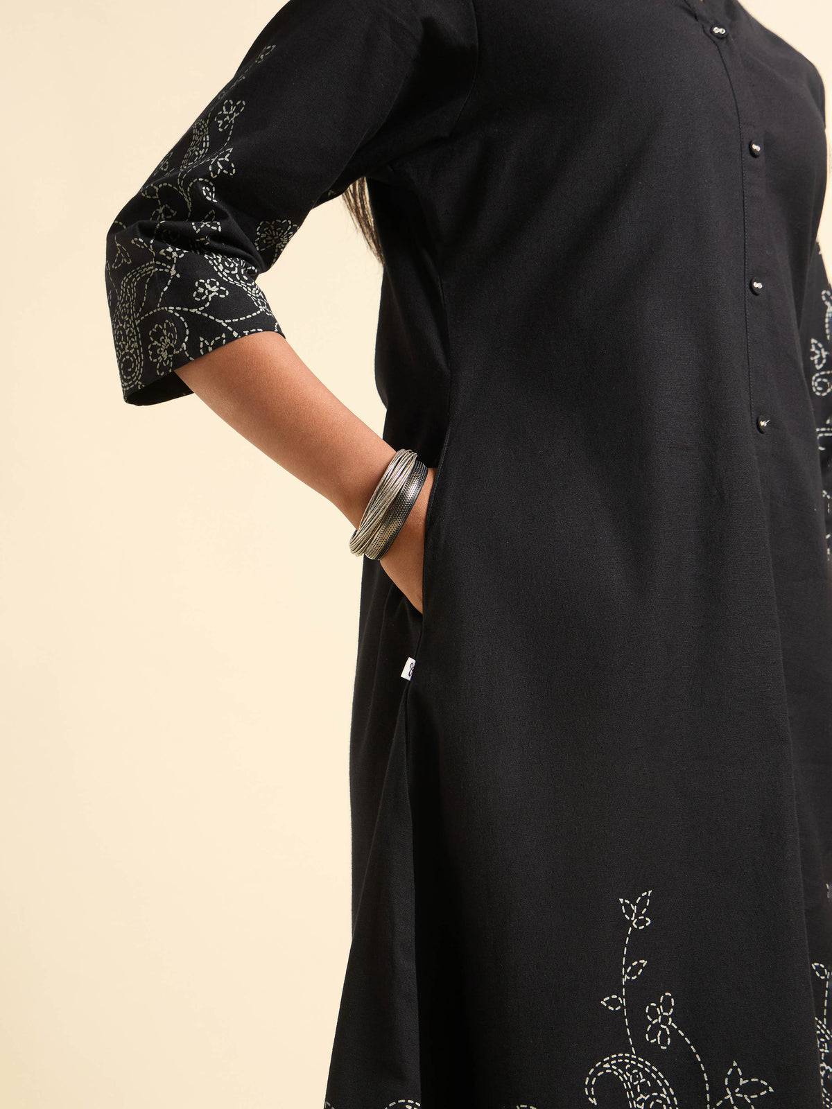 Black Cotton Flax Plain Flared Kurti With Placement Print
