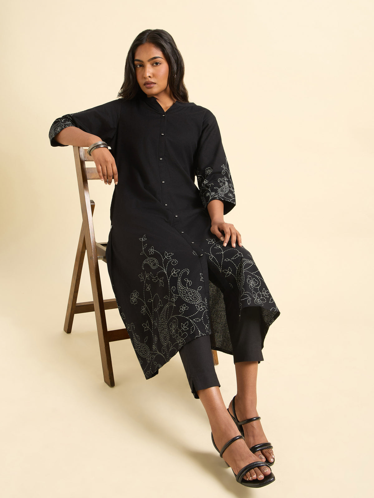 Black Cotton Flax Plain Flared Kurti With Placement Print