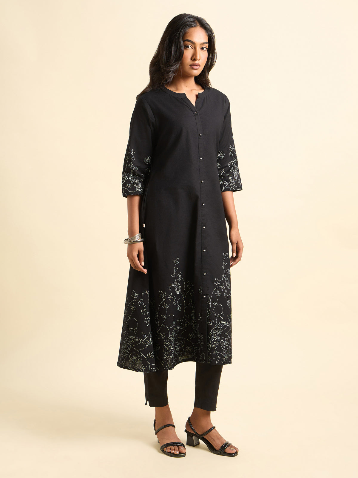 Black Cotton Flax Plain Flared Kurti With Placement Print